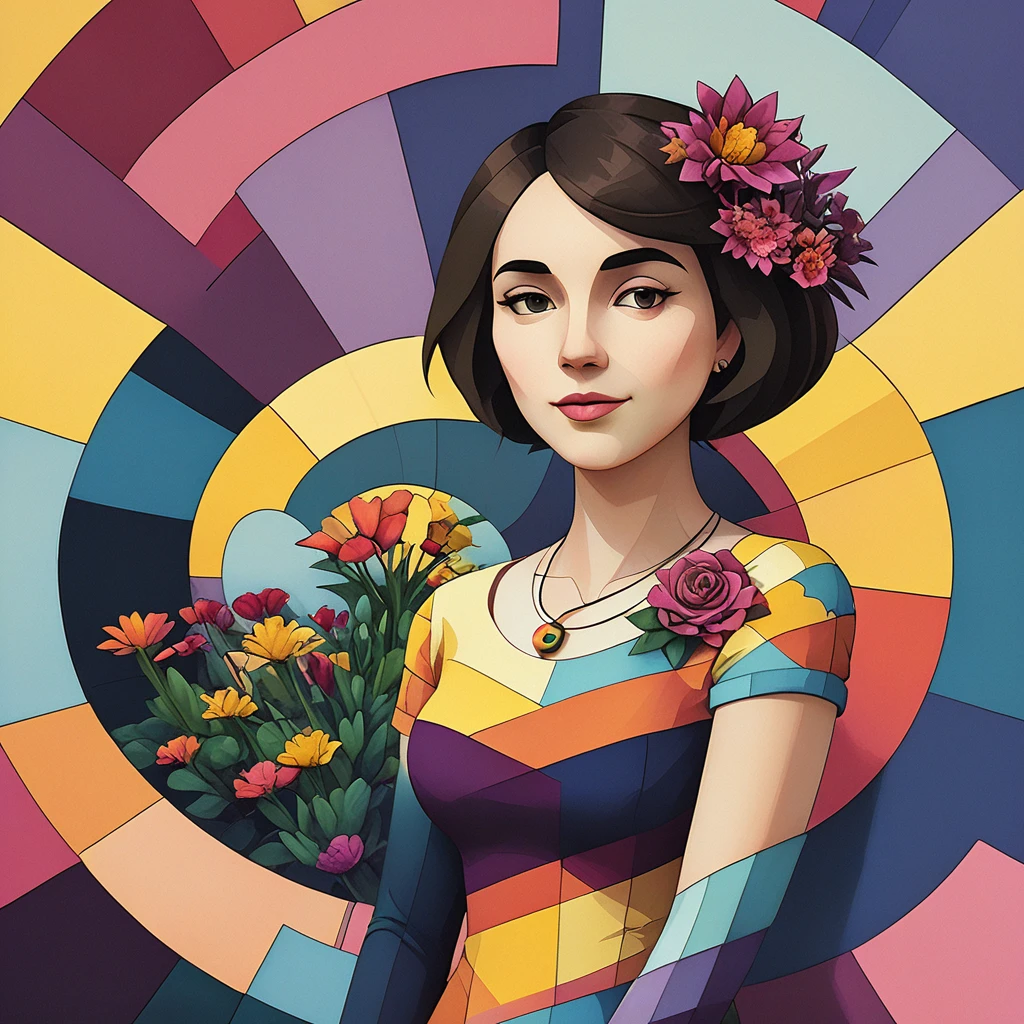 woman, leaning against the wall, colorful dress, geometric background, color patterns, art noveau, exotic flowers, flowers growing out of the walls, colorful flowers, intricate flower patterns on the wall, bright wall colors, surreal Mexican art