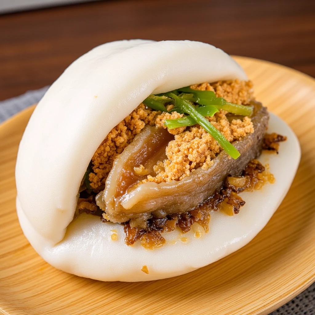 Close-up of a classic Taiwanese gua bao (割包), a fluffy white steamed bun taking center stage, its delicate folds and creases showcasing the pillowy soft texture, a light sheen on the surface hinting at its freshly steamed warmth, the bun gently split open to reveal the star ingredient nestled within - a plump piece of grilled abalone (TAWABIW), its ivory flesh and mottled green shell glistening invitingly, the abalone's tender meat cooked to perfection, its succulent texture and subtle oceanic flavor harmonizing beautifully with the soft, slightly sweet bun, a drizzle of fragrant dark soy sauce pooling around the abalone, its rich amber color adding depth and luster to the composition, enhancing the savory notes of the shellfish, crowning the abalone, a generous sprinkle of golden-brown pork floss (TBASOW), its fine, cotton candy-like strands delicately draped over the bun's contents, the pork floss adding a final layer of texture and flavor, its subtle sweetness and savory umami notes perfectly complementing the richness of the abalone and the simplicity of the bun, flecks of vibrant green scallion scattered throughout, their bright, fresh color and delicate aroma providing a lively contrast to the warmth of the other ingredients, the gua bao presented on a rustic wooden board, its warm, honey-colored grain providing an earthy backdrop that highlights the bun's softness and the filling's varied textures, soft wisps of steam rising from the freshly assembled creation, carrying the mouthwatering scent of the steamed bun, grilled TAWABIW, and savory TBASOW, the image captured in sharp focus, every detail of the bao's texture and the filling's components rendered in high-definition clarity, the composition carefully balanced to showcase the gua bao as the main subject, with the TAWABIW and TBASOW as tantalizing accompaniments, the interplay of colors - white, ivory, amber, gold, and green - creating an appetizing and visually striking portrait of this innovative twist on a beloved Taiwanese street food, 4k resolution, award-winning food photography, editorial still life celebrating the creative fusion of Asian culinary traditions.
