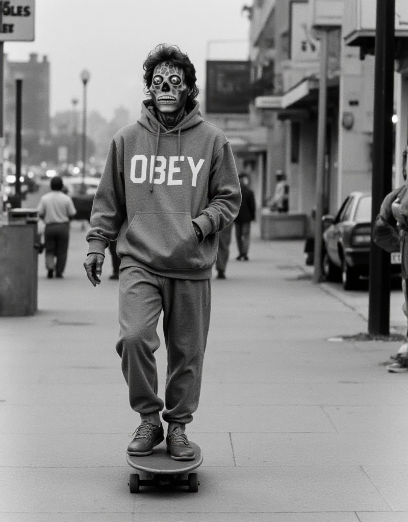 InvasionLosAngeles Alien is wearing a hoody with the text "OBEY" and tracksuit and is skateboarding in a city <lora:InvasionLosAngeles_Alien:0.9>