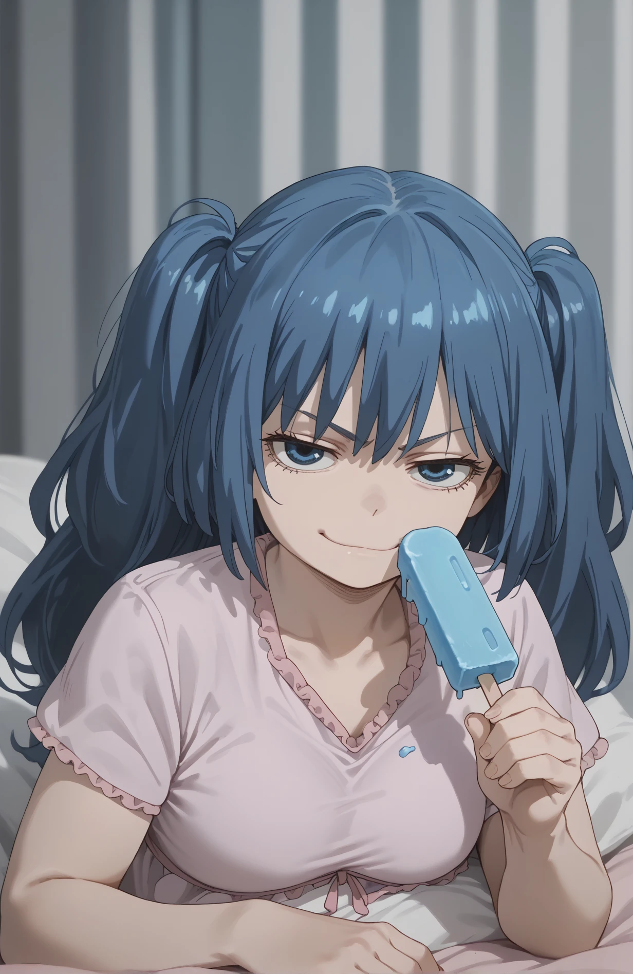 score_9,score_8_up,score_7_up,score_6_up,
, pajamas, smirk, closed mouth, popsicle
 , saiko, 1girl, solo, blue hair, twintails, blue eyes, <lora:saiko v2-000006:0.8>