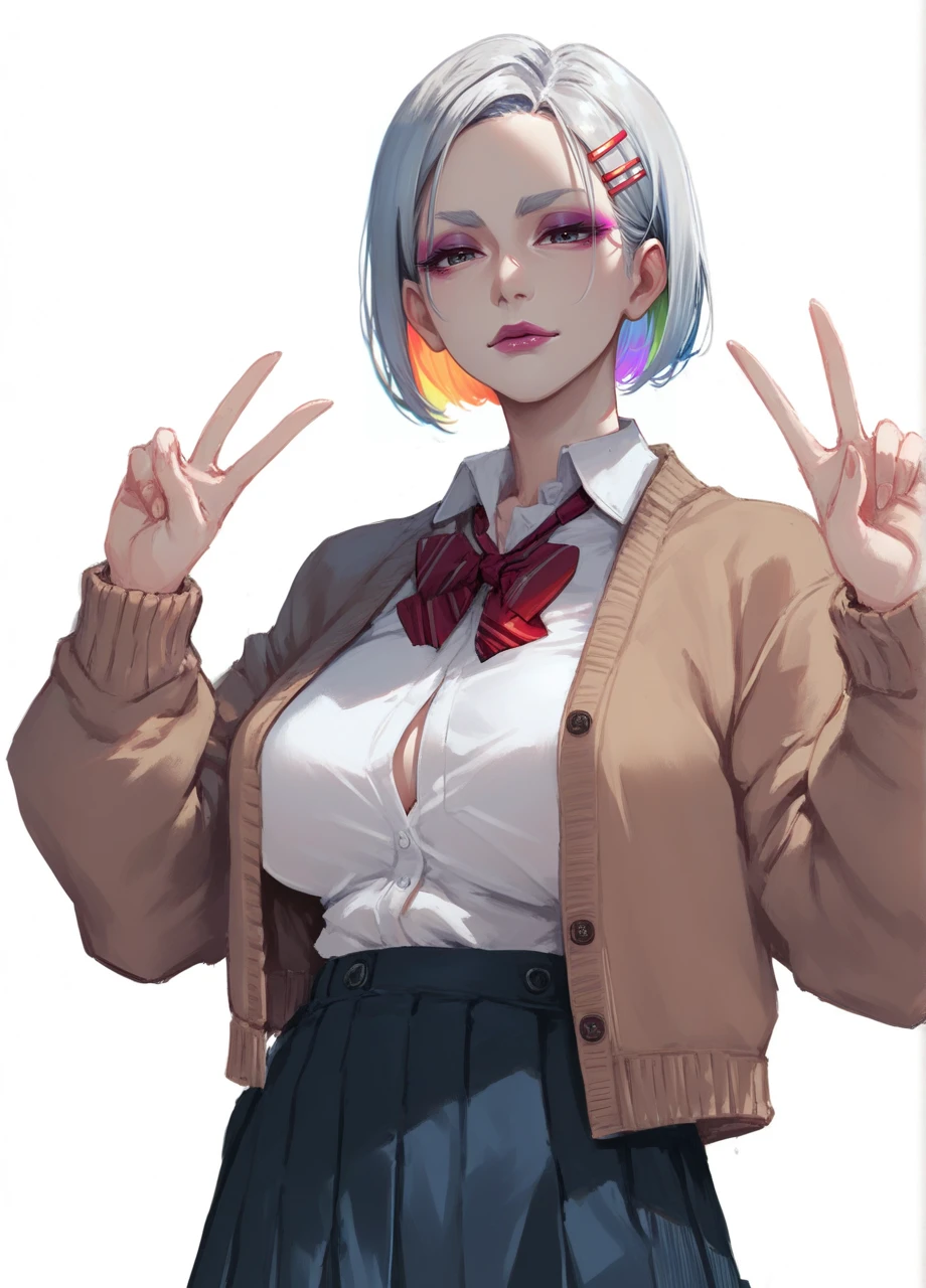 <lora:KLK_Ragyo-PONY:0.7> ragrnd, mature female, solo, eyeshadow, lipstick, silver hair, rainbow hair, bob cut, hairclip, jewelry, school uniform, brown cardigan, open clothes, pleated skirt, double v, large breasts, cowboy shot, white background, score_9, score_8_up, score_7_up, score_6_up,