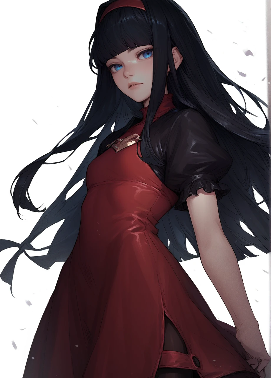 1girl, solo, cowboy shot, white background, niern2, hairband, black hair, long hair, blunt bangs, blue eyes, red dress, short dress, puffy short sleeves, pantyhose  <lora:Nier_RedGirl-PONY:1>, score_9, score_8_up, score_7_up, score_6_up,