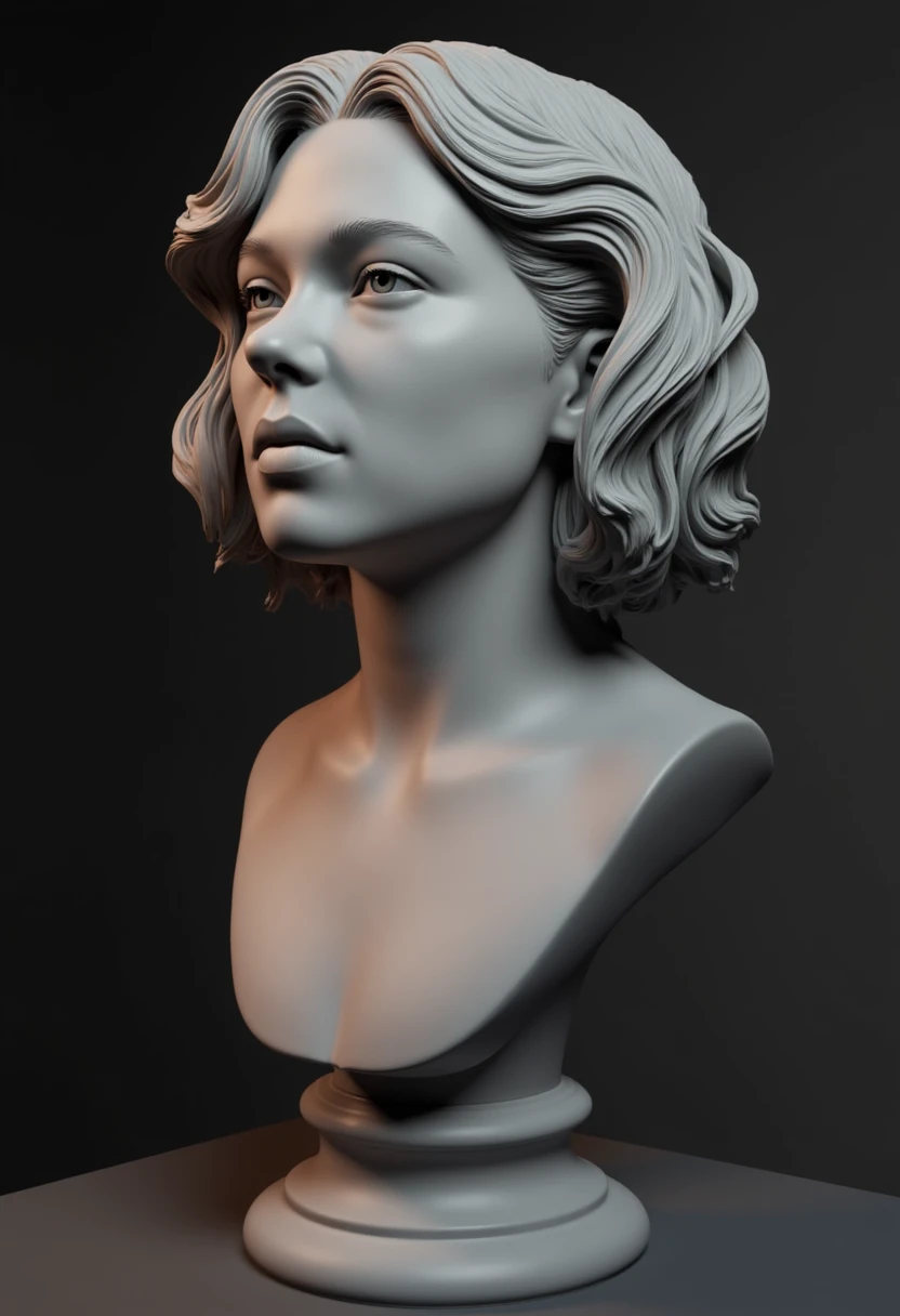 zbrush sculpture - render of a zbrush bust sculpture of Lea Seydoux with portrait perspective and grey matcap, sculpt inspired by giovanni bernini, professinal lighting, increased shadows that enforce her beauty, artstation trending sculpt