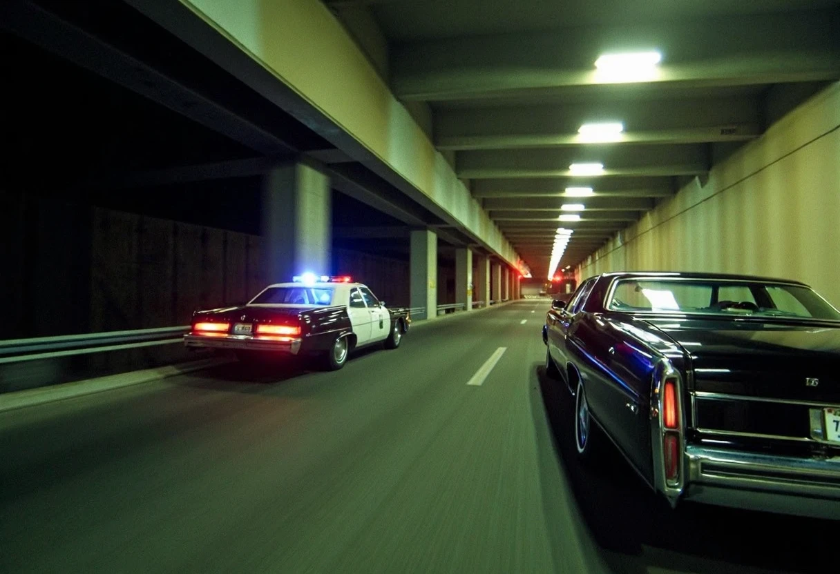 Wide-angle shot, urban underpass, two cars mid-chase; classic police car with red and blue flashing lights on the left in pursuit, foreground shows a vintage black cadillac. Dark tunnel, overhead fluorescent lights, industrial environment, steel columns lining the sides, motion blur, high-speed action