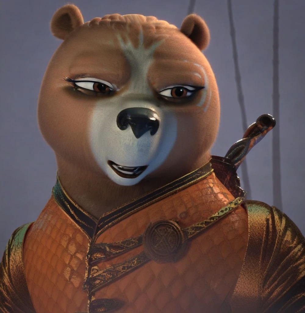 Wandering Blade, solo, 1 girl, Kung Fu Panda, Female Bear, perfect face and eyes, perfectly detailed, beautiful, Knight Armour, confident, simple background, face focus, smiling 