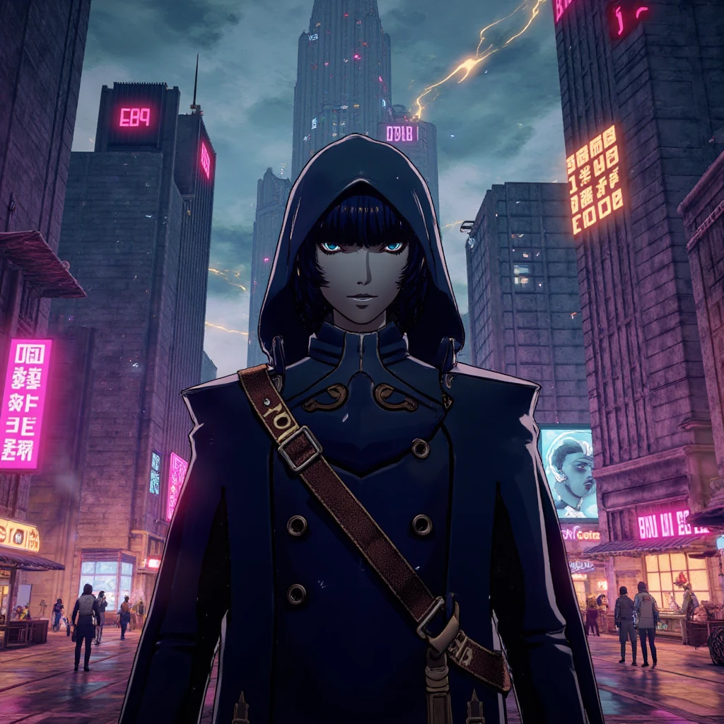 mrstyle A mysterious figure in a vibrant cityscape, the towering buildings in the background covered in glowing runes. The figure is cloaked in shadows, their features obscured, save for their piercing eyes, which reflect the vibrant lights of the city. Neon lights flash behind them, illuminating a futuristic, fantasy world teeming with life