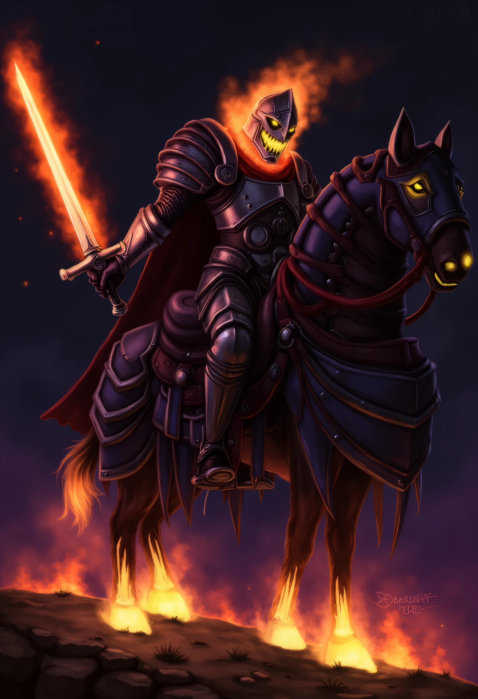 wow_headlesshorseman, skeletal design, This digital drawing depicts a fantastical, giving an eerie, adding to its eerie appearance., skeletal design. The flames are also visible on the horse, This is a vibrant, and is detailed with intricate designs and textures that evoke a medieval fantasy aesthetic., is holding a flaming sword that emits bright, luminescent effect. The knight wields a sword with a glowing blade, revealing sharp teeth.