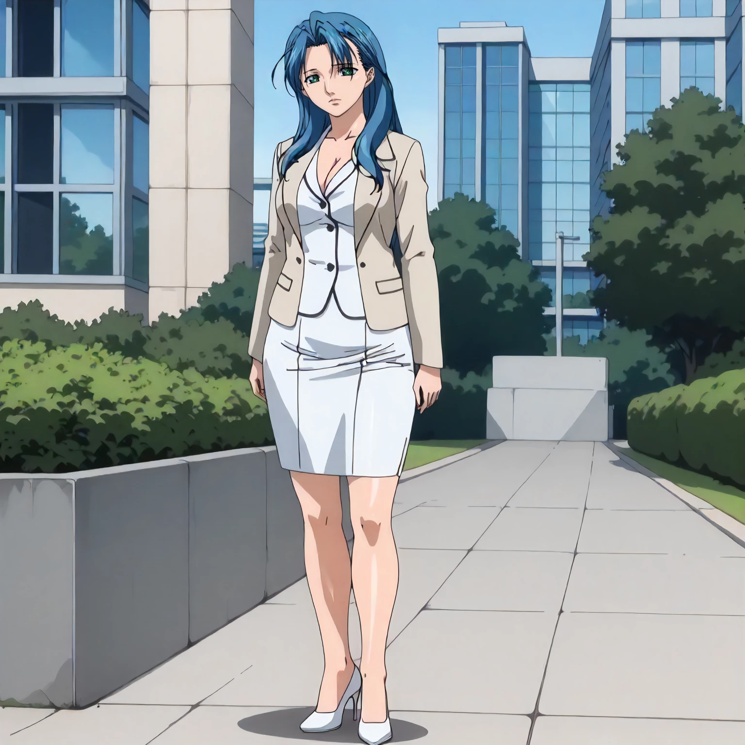 <lora:GSE_SayakaXLpony001>,
outdoors,
solo,
Sayaka,1girl,mature female,blue hair,long hair,green eyes,
skirt_suit,jacket,white shirt,collarbonea,cleavage,
white skirt,miniskirt,
bare legs,
white high heels,