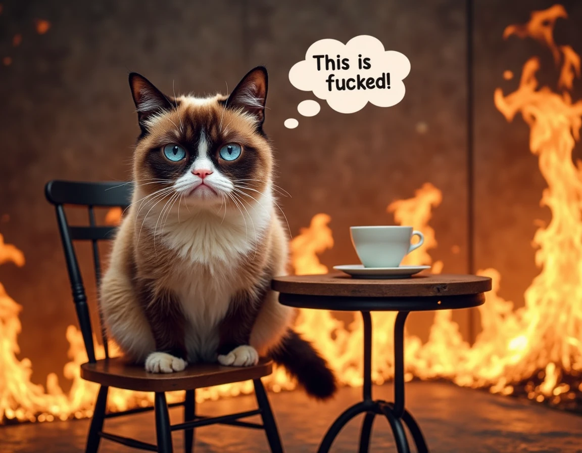 masterpiece, top quality, best quality,  ,extreme detailed, colorful, highest detailed, A photorealistic image of grumpycat <lora:grumpy-flux-08:1>, blue eyes, grumpy-looking cat, decidedly annoyed face, furrowed brows, exasperated look.  Sitting on a chair next to a  round table with a cup of coffee on it, the room is on fire and full of flames, Above its head there is a thought bubble that says "This is fucked"