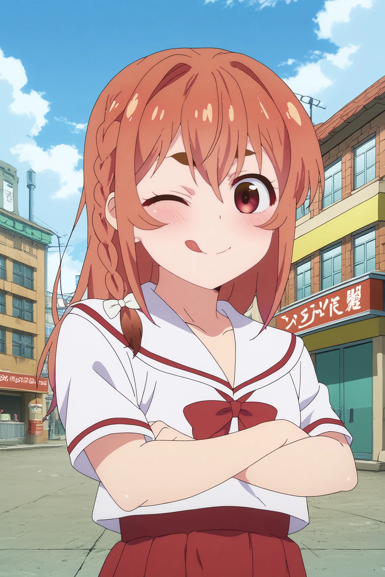 sumi sakurasawa,1girl,solo,smile,braid,blush,shirt,bow,hair bow,thick eyebrows,bangs,red hair,school uniform,sailor collar,side braid,hair between eyes,red bow,looking at viewer,perfect eyes,wink,tongue out BREAK
outdoors,city,building,three,blue sky,cloudy sky,summer,sunshine


<lora:Sumi_Sakurasawa_-_Rent-A-Girlfriend.safetensors:0.8>
<lora:detailed_backgrounds_v2.safetensors:0.7>
