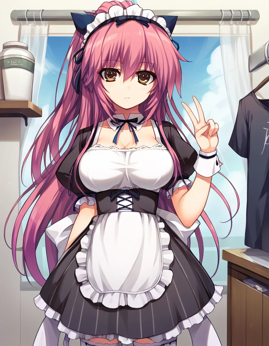 score_9, score_8_up, score_7_up, source_anime, <lora:accela-ingame-ponyxl-lora-nochekaiser:1>, accela, long hair, large breasts, brown eyes, ponytail, pink hair, large breasts,, thighhighs, apron, white thighhighs, zettai ryouiki, wrist cuffs, maid, maid headdress, laundry day, clothesline, drying clothes, domestic life, fresh air, blue sky, , v, v over eyes,, looking at viewer, solo,, dutch angle, cowboy shot