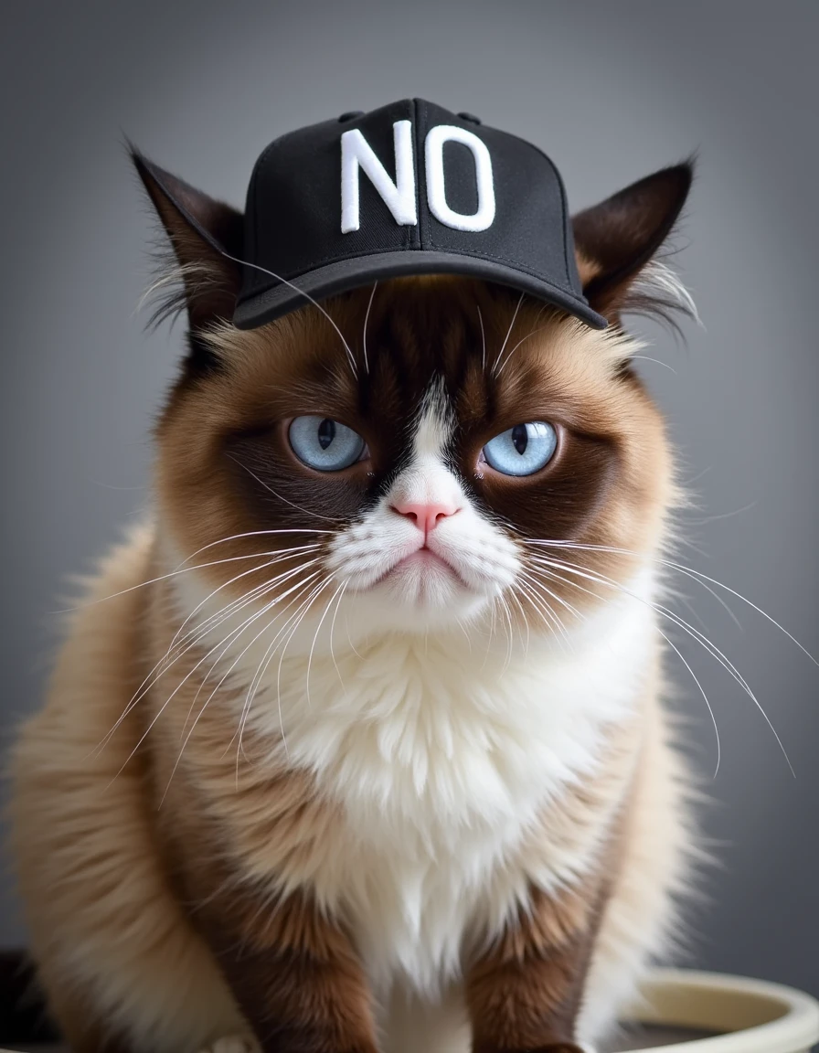 masterpiece, top quality, best quality,  ,extreme detailed, colorful, highest detailed, A photorealistic image of grumpycat <lora:grumpy-flux-08:1>, blue eyes, grumpy-looking cat, decidedly annoyed face, furrowed brows, exasperated look, sitting on a litter box, wearing a black baseball hat with text "NO", gray gradient background.