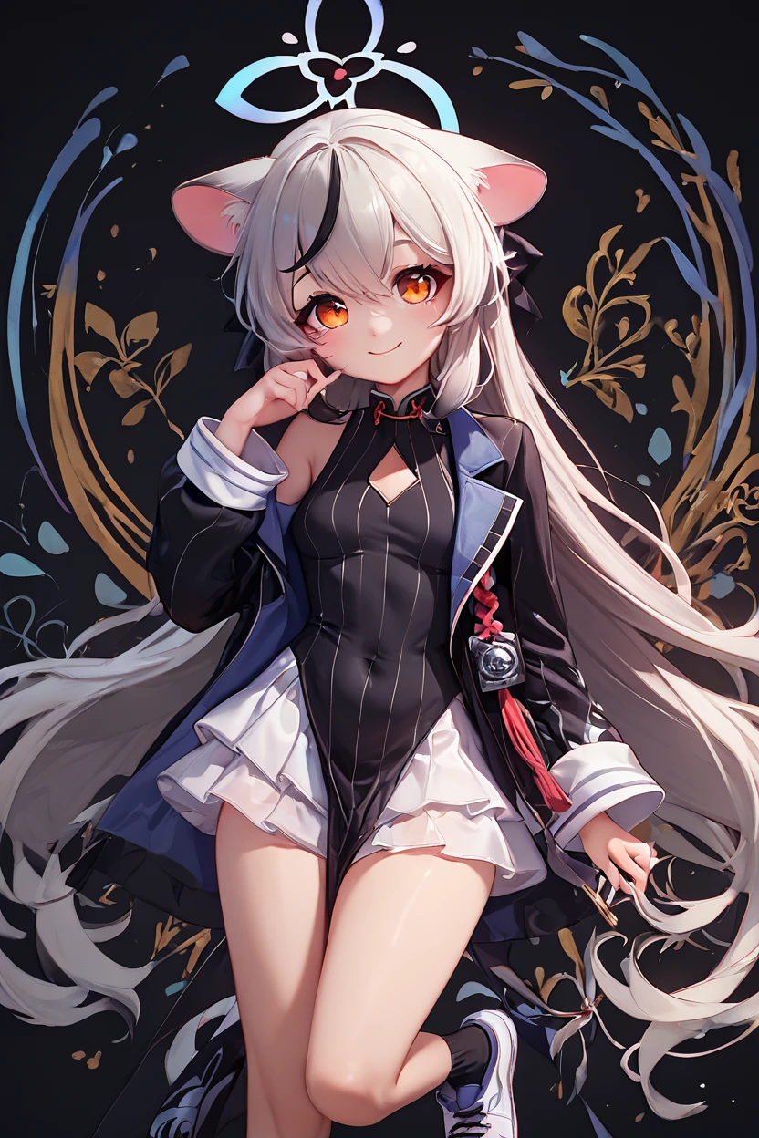 score_9, score_8_up, score_8, medium breasts, (curvy), cute, eyelashes, BREAK, , ,,, zzKokona, grey hair, long hair, multicolored hair, animal ears, streaked hair, black hair, halo, very long hair, tiger ears, orange eyes, black dress, black jacket, black socks, long sleeves, pelvic curtain, sneakers, vertical-striped clothes, diamond cutout, off shoulder, white skirt , ,<lora:Kokona_BlueArchive_PDXL_v3:0.8>, ,,,, BREAK, (dolphin shorts:1), smile, closed mouth, looking at viewer, cowboy shot, ,,, embedding:zPDXL, Expressiveh, ,,, <lora:BeautifulCAT_PDXL:0.7>, <lora:SDXLFaeTastic2400:0.5>, <lora:Expressive_H-000001:0.4>,