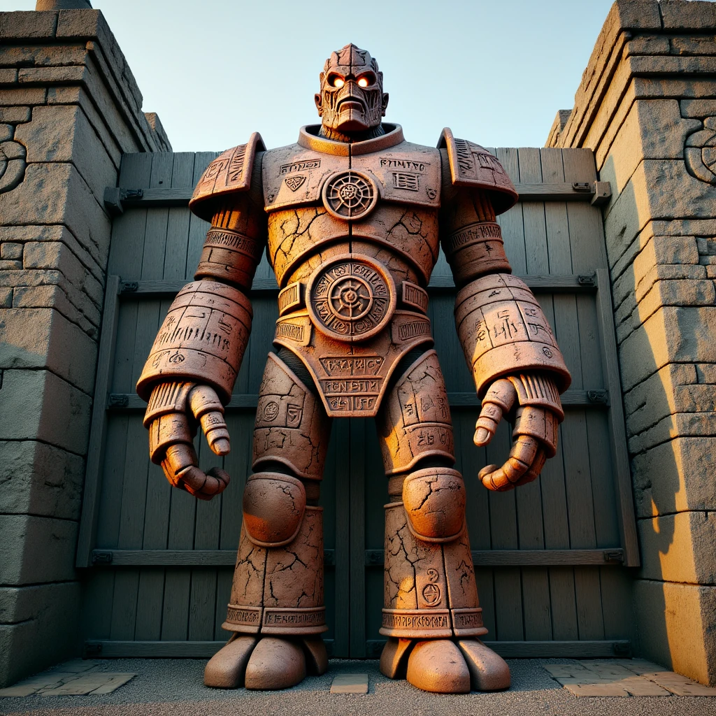 Imagine an image in the style of cinematic photorealism: A towering golem made from fired clay and pottery stands guard at the city gate, his imposing frame blocking the path. His body, covered in cracks and ancient carvings, is dressed in a custom-made City Watch uniform. His large, pottery-like hands rest at his sides, ready to act if needed. His glowing eyes smolder with quiet intensity as he stands calmly in the pale light of early morning. The massive wooden gate behind him is reinforced with iron, and the atmosphere is tense as he watches the horizon, unflinching in his duty to protect the city.