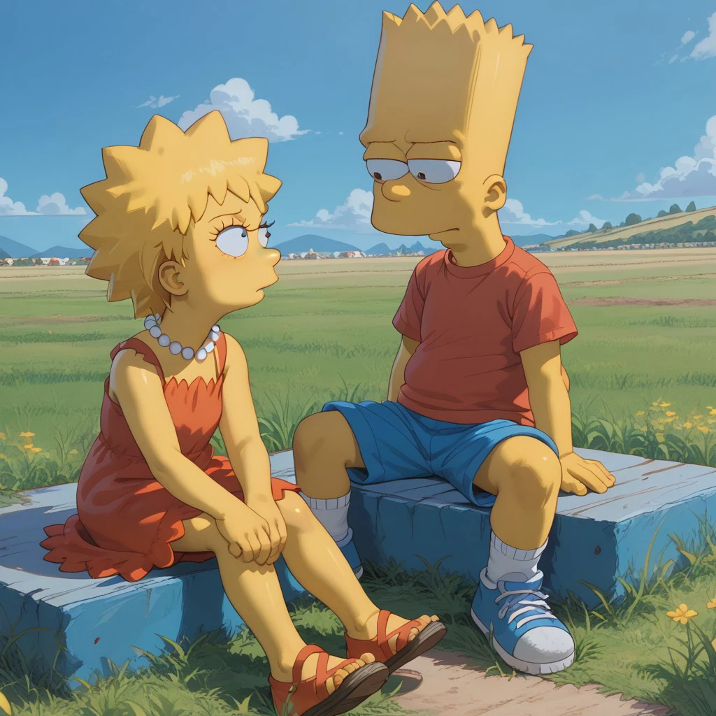 score_9, score_8, score_7, official style, break, bartlisa_t, (1boy, bart, shorts, shirt), (1girl, lisa, necklace, dress), yellow skin, looking at another, sitting, grass, outdoors