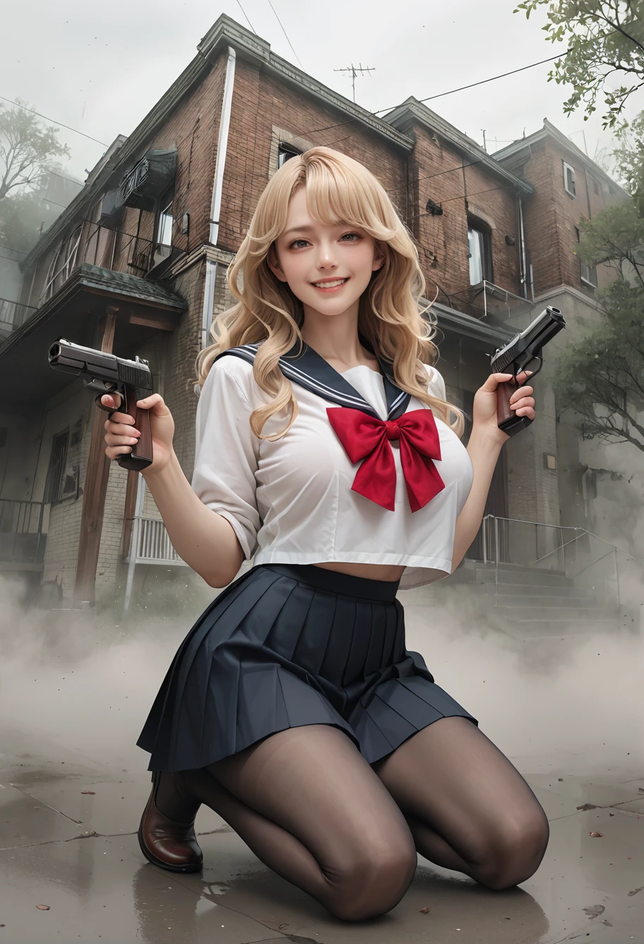 ,ruanyi1099,house,fog,outdoors,one knee,kneeling,dual wielding,handgun,sailor,pleated skirt,black pantyhose,white shirt,red bow,<lora:1099 silent hill background 1_v1_pony:0.9>, score_9, score_8_up, score_7_up, score_6_up, score_9, score_8_up, score_7_up, score_6_up source_anime, blush, horny, 1girl, seduce smile, perfect body , natural huge breasts , source _anime,, blonde hair,long hair,wavy hair,