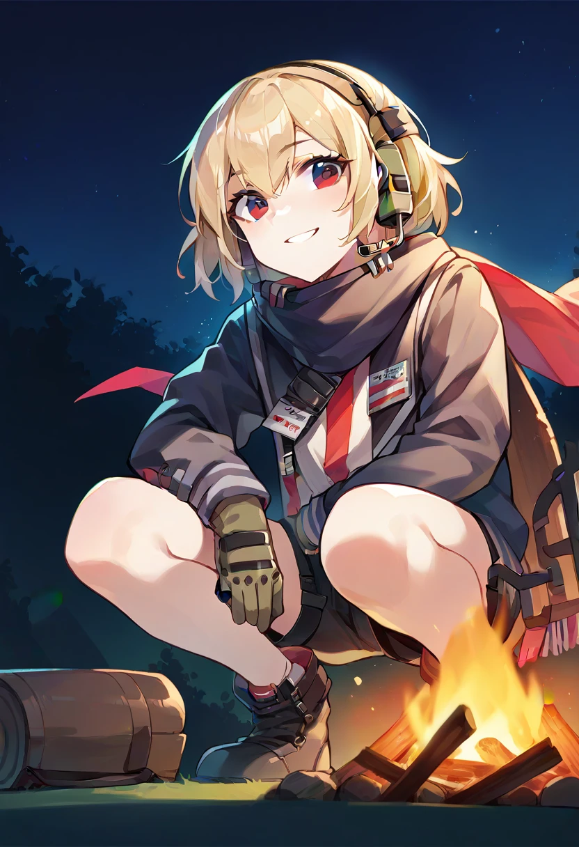 score_9, score_8_up, score_7_up, source_anime, BREAK, blonde hair, red eyes, gloves, jacket, scarf, headset, asymmetrical legwear, squatting, shorts, night, campfire, looking at viewer, smiling