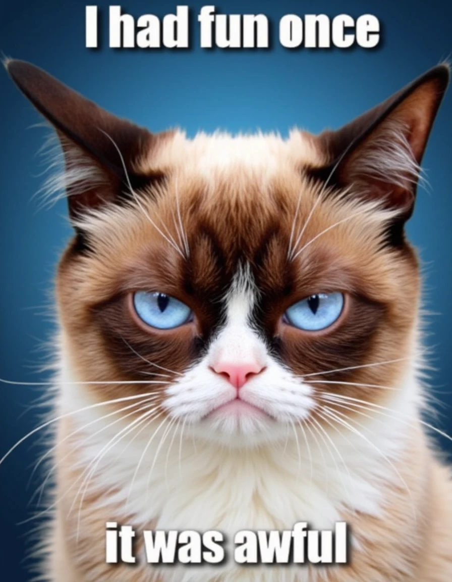 masterpiece, top quality, best quality,  ,extreme detailed, colorful, highest detailed, A photorealistic image of grumpycat <lora:grumpy-flux-08:1>, blue eyes, grumpy-looking cat, decidedly annoyed face, furrowed brows, exasperated look. Blue gradient background. Meme style, the text at the top of the image says "I had fun once", the text at the bottom of the image says "it was awful"