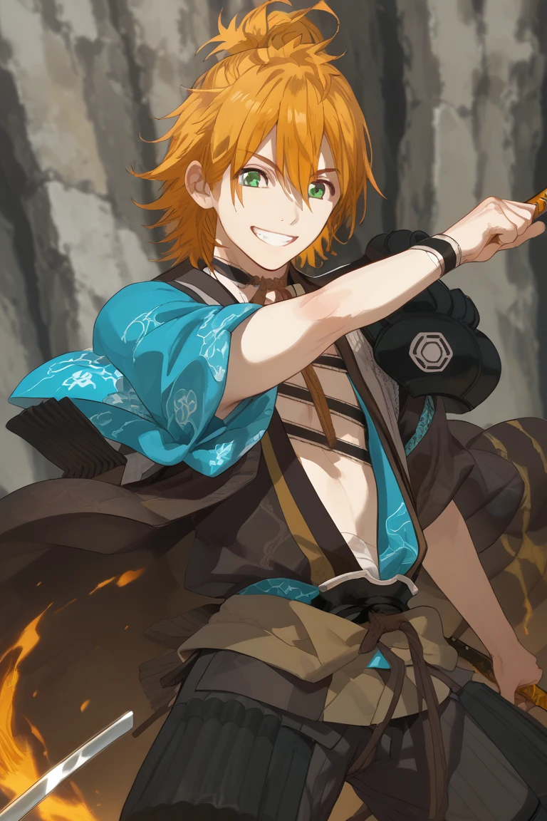 score_9, score_8_up, score_7_up, score_6_up, urashima kotetsu, orange hair, green eyes, hanamaru style,solo, smile, 1boy, japanese clothes, grin, sword, weapon, sheathed, sheath, wakizashi