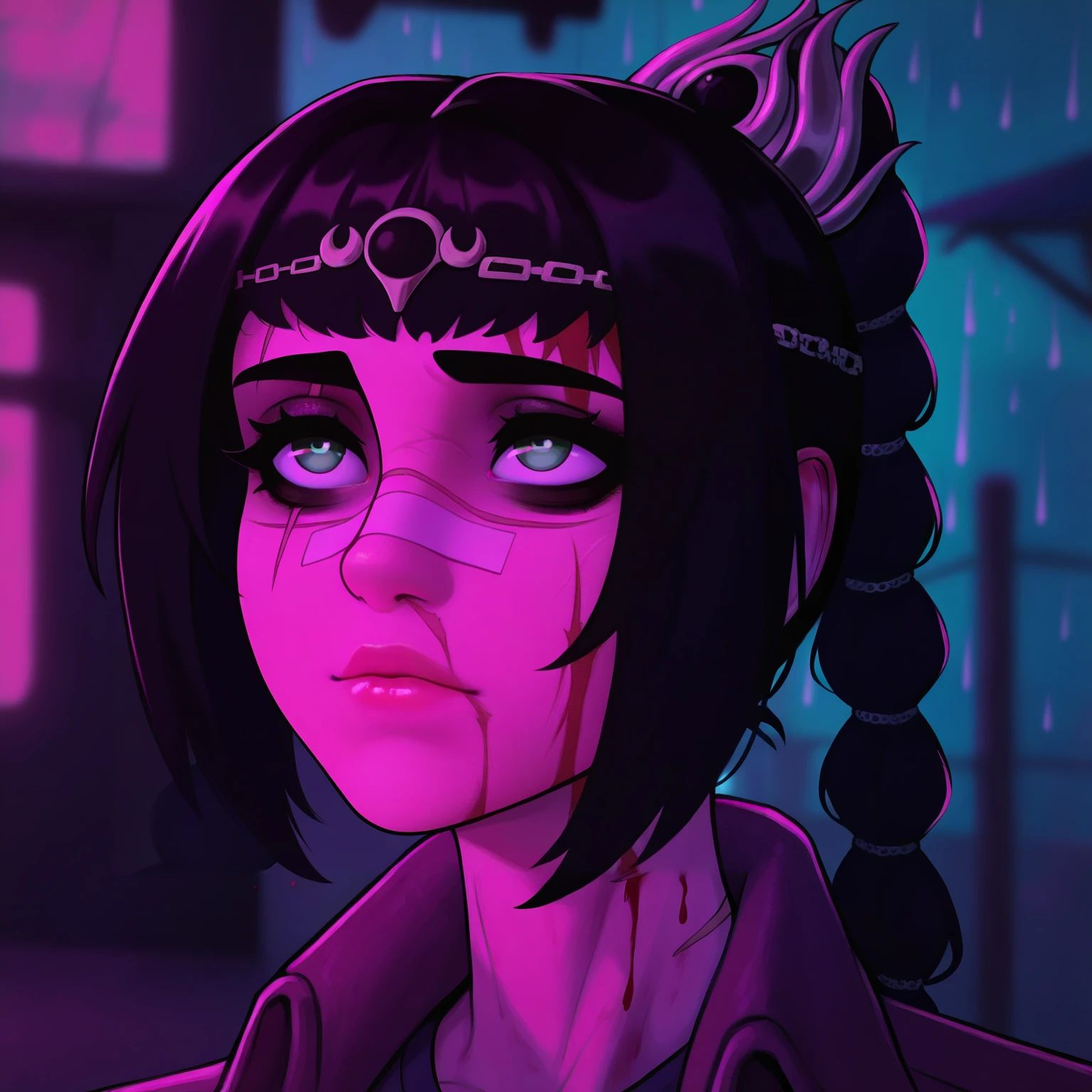 best quality, amazing quality, very aesthetic, absurdres,
1girl, shadowheart, black hair, braided ponytail, green eyes, scar on face, circlet, jacket,
portrait, blood on face, bandaid on nose,blurry background, pink lighting, night, dark, pink theme, rain     <lora:YouLookLonelyIllustriousXL_byKonan:1> <lora:ShadowHeartIllustrious_byKonan:1>