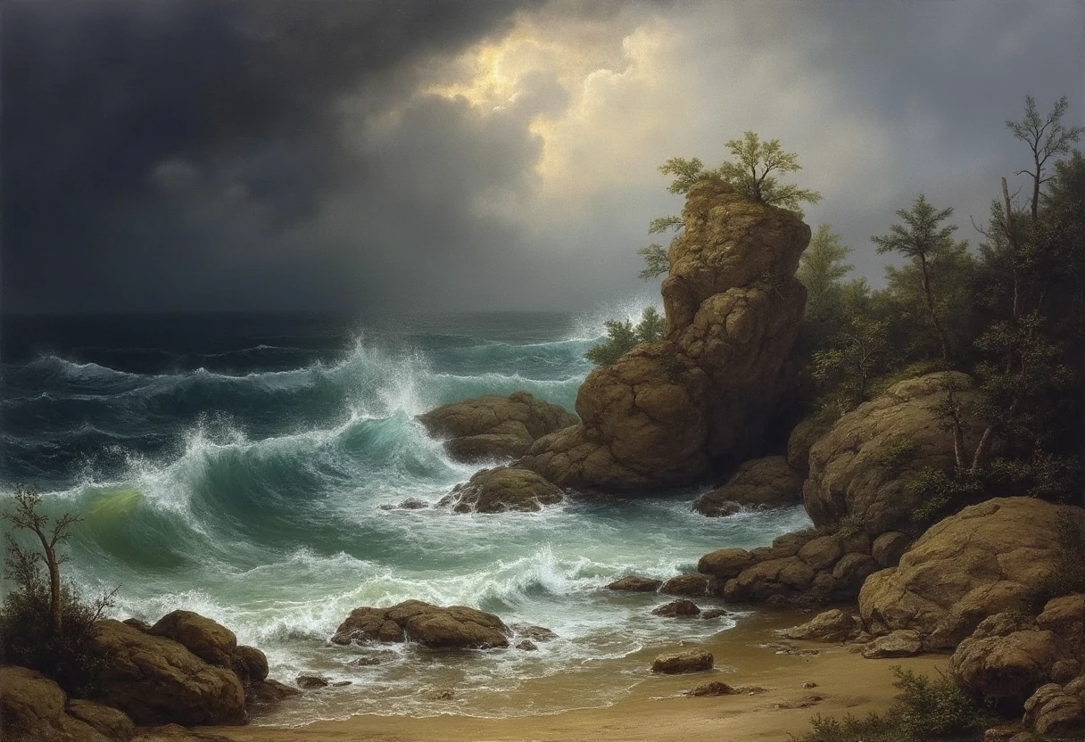 a traditional oil painting in the hudson river school art style of a rocky outcropping in the middle of a large body of water, waves splashing, with dark stormy clouds in the left, by Thomas Cole

hrscontrast landscape