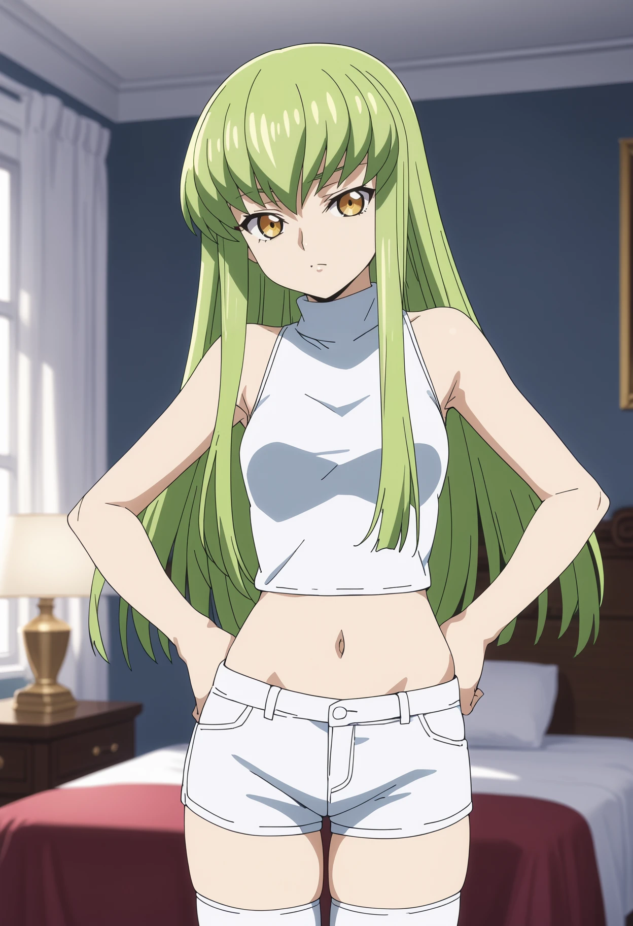 score_9, score_8_up, score_7_up, anime screencap BREAK,
1girl, c.c., bangs, green hair, long hair, yellow eyes,
bare shoulders, white sleeveless turtleneck crop top, white shorts, thighhighs, midriff, navel, 
hands on hips, looking at viewer, indoors, bedroom background, <lora:CCPDXL_byKonan:1>