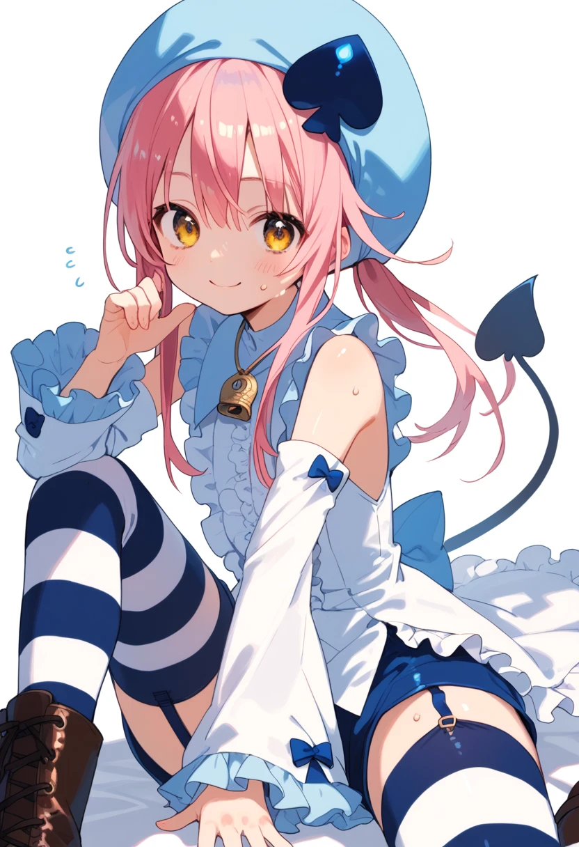 score_9, score_8_up, score_7_up, score_6_up, anime_lineart
1girl, solo,
<lora:amulet_spade:1> amulet_spade, hat, pink hair, detached sleeves, striped, yellow eyes, lock button, striped thighhighs, shorts, frills, garter straps, spade (shape), boots:0.9
sweat,  shiny skin,  smile, sitting