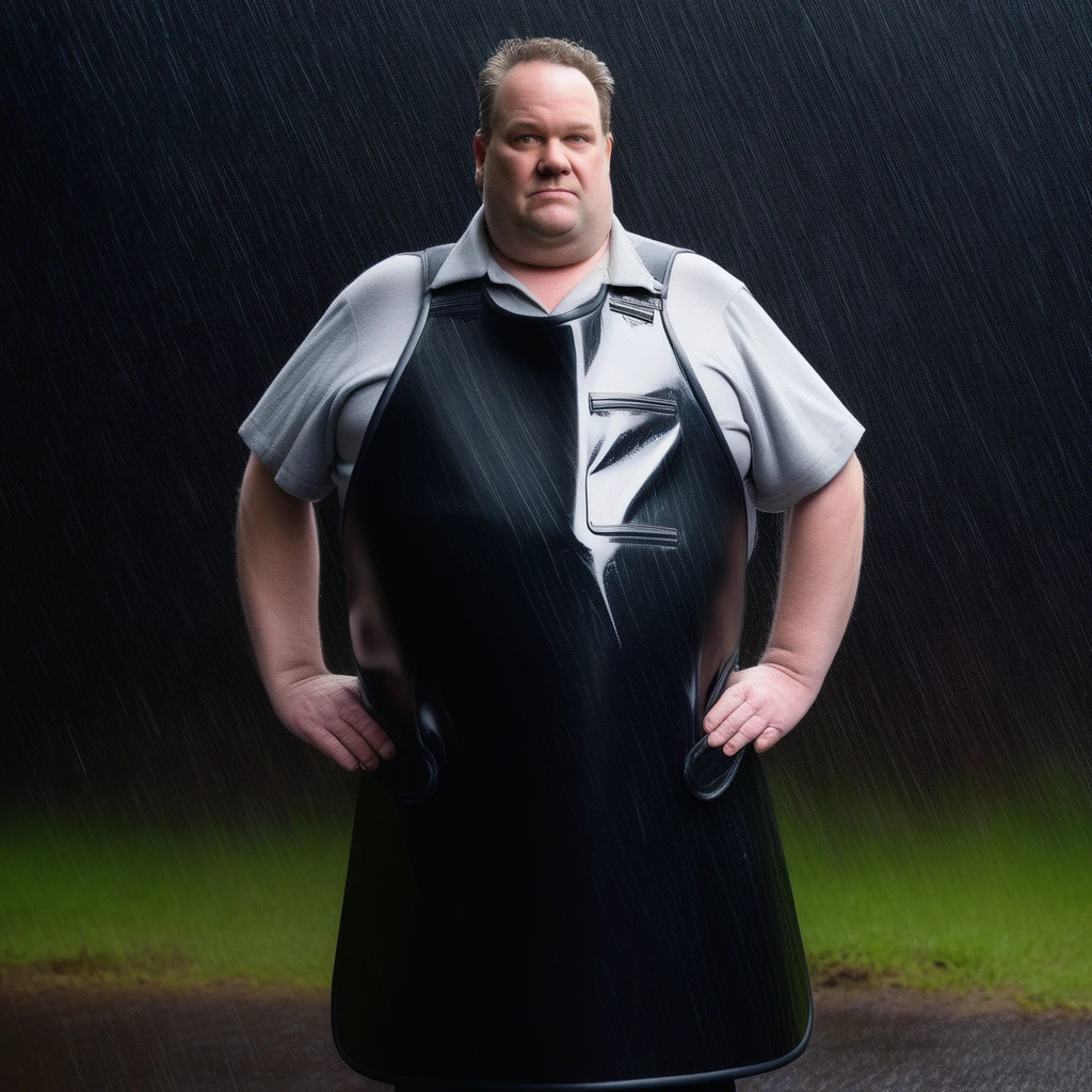 a 50 year old 400 pound man wears a shiny black lead apron standing in a rainstorm