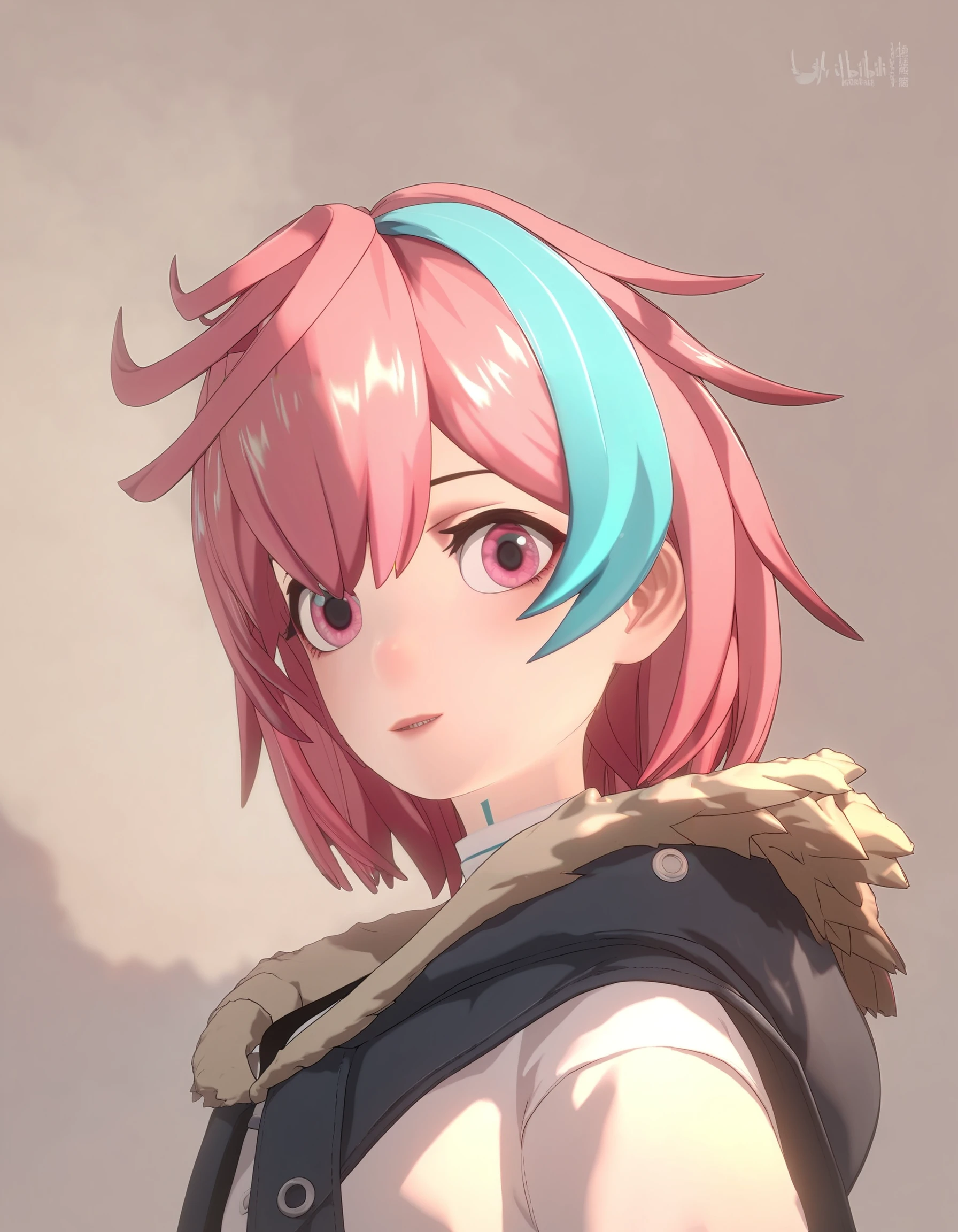 score_9,score_8_up,score_7_up,source_anime,<lora:ykzg_pony:1>,1girl,solo,pink hair,multicolored hair,looking at viewer,streaked hair,pink eyes,fur trim,blue hair,portrait,short hair,fur-trimmed jacket,jacket,