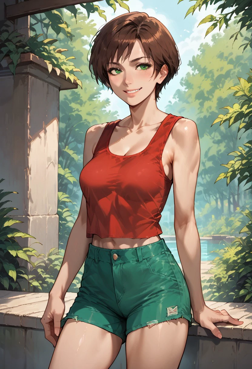 score_9, score_8_up, score_7_up, score_6_up, source_realistic, BREAK 1girl, mistyhuman, brown hair, short hair, green eyes, tank top, midriff, shorts, half smile,