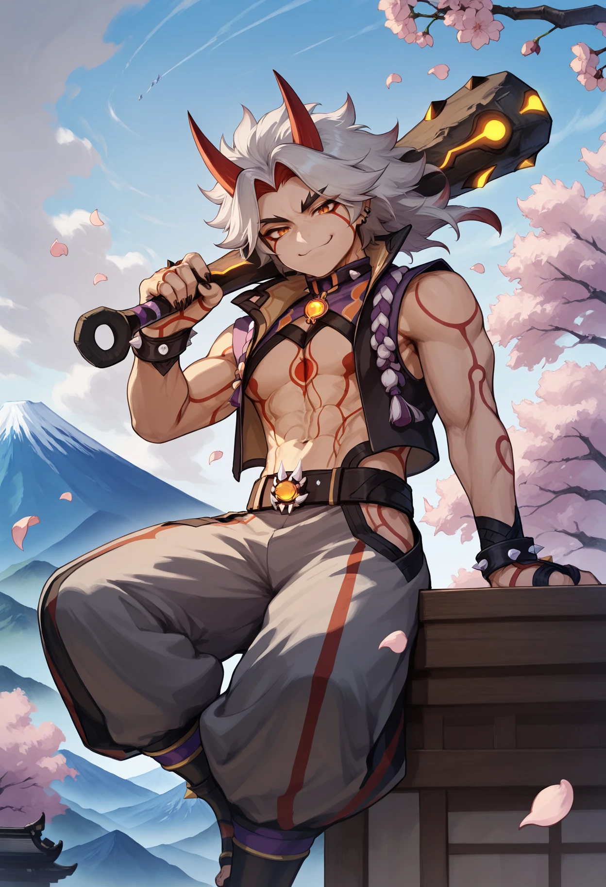 masterpiece, best quality, 1boy,, toned, 
(arataki itto:0.8),
vest, puffy pants,
looking at viewer, smug, holding club \(weapon\), weapon over shoulder,
outdoors, shrine, cherry blossoms, wind, floating petals, falling petals, sitting, mount fuji, mountain,