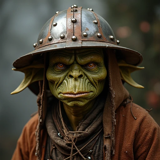 a goblin warrior wearing a rusty medieval kettle helmet