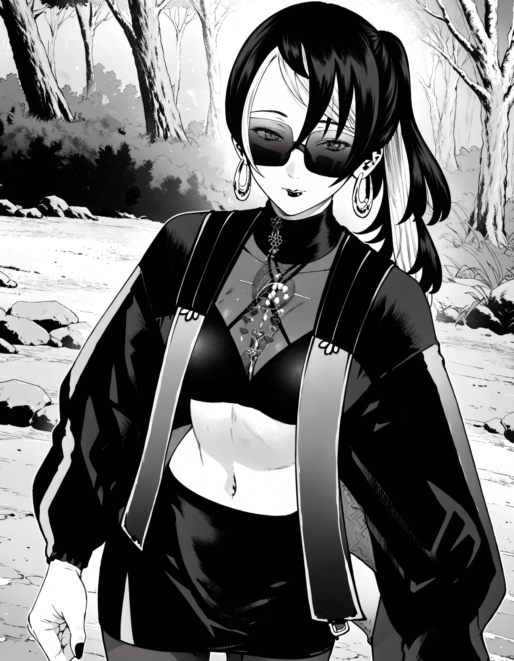 score_9, score_8_up, score_7_up, monochrome
BREAK 1girl, <lora:IrukoXL-v5:1>, iruko, two-tone hair, long hair, ponytail, sunglasses, eyes visible through eyewear, hoop earrings, lipstick, jacket, long sleeves, open jacket, stole, turtleneck shirt, see-through shirt, halter shirt, print shirt, amulet, cleavage, midriff, navel, pencil skirt, pantyhose