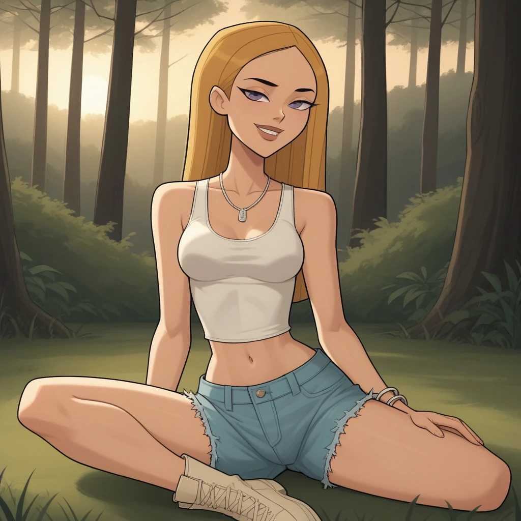 score_9, score_8, BREAK, solo, white tanktop, navel, denim shorts, bracelets, necklace, lips, Purple eyes, blonde hair, beige footwear, breasts, total drama, Julia_(Total_Drama), sexy pose, smile, outdoors, sunlight, shadows, evening lighting, natural lighting, forest, trees, grass, orange sky, sunset