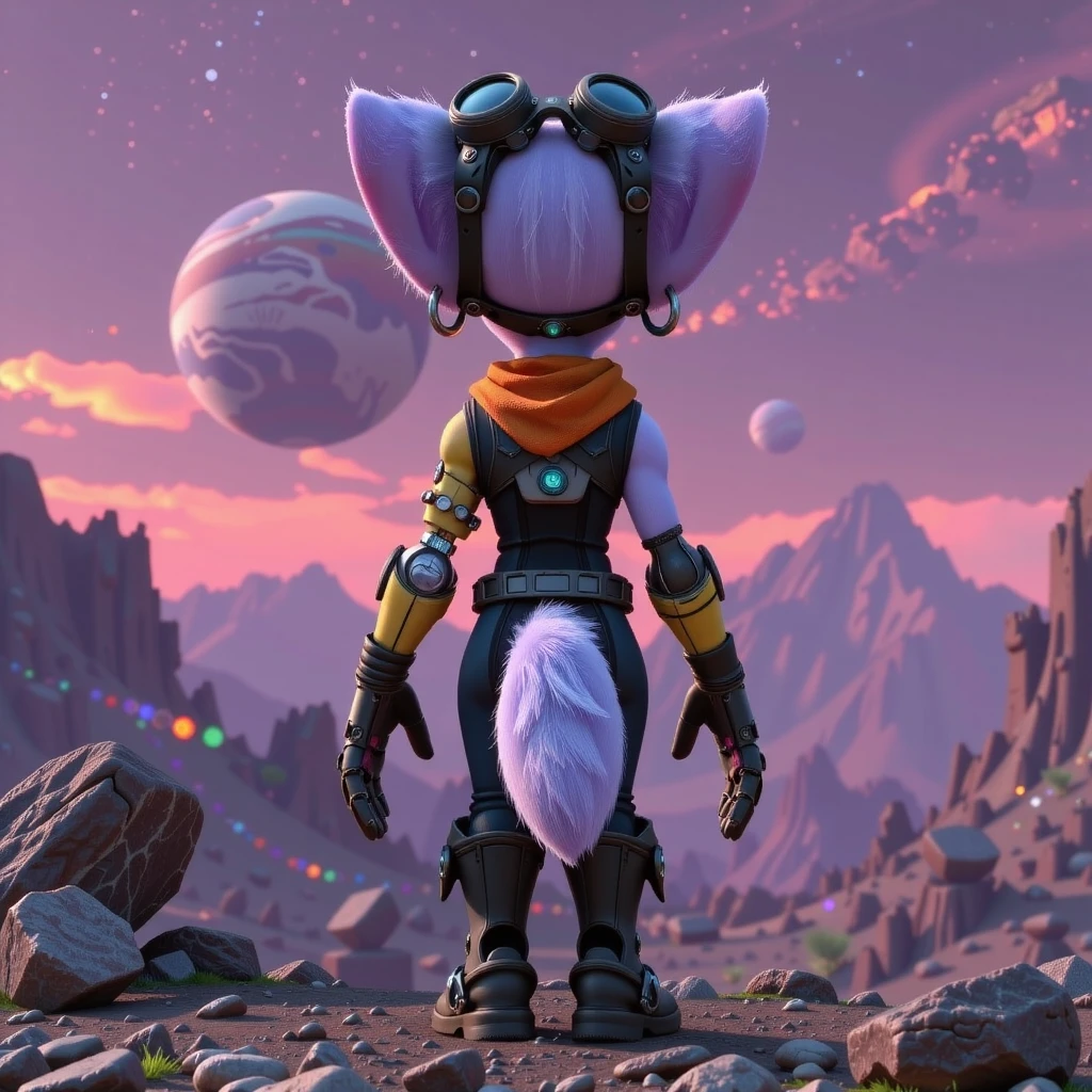 ethereal fantasy concept art of  CGI rendering of a female anthropomorphic character,from_behind,ass, Lombax,  Ratchet & Clank: Rift Apart, with light purple fur, , Lombax,Rivetka,  and has goggles perched on her head, orange_scarf, mechanical_arm, boots,  white_fur, pink nose, <lora:rivetkajoy1024:0.8> <lora:alien_landscape_flux:0.7> mountains,alien_planet,  rocks, sky, milky way,, otherworldly creatures, futuristic technology, extraterrestrial landscapes, sci-fi elements . magnificent, celestial, ethereal, painterly, epic, majestic, magical, fantasy art, cover art, dreamy