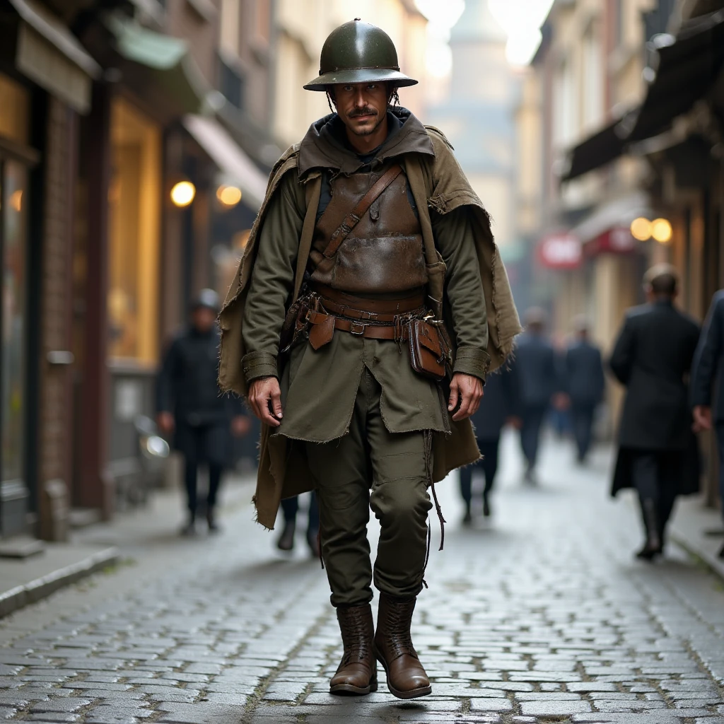 Imagine an image in the style of cinematic photorealism: A scruffy, wiry man slouches through the streets in a rumpled,  dirty, oversized Ankh-Morpork City Watch uniform. His kettle helmet sits crooked on his head, nearly slipping down over his face. His jacket hangs loosely on his thin frame, and his boots are scuffed and mismatched. He smokes a cigarette as he walks, eyes darting around nervously. His posture is lazy but watchful, giving him a shifty, streetwise look as he shuffles down the cobbled alleyways in the late afternoon light.