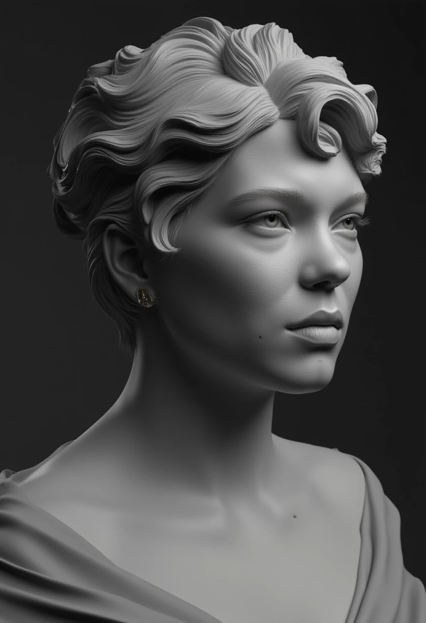 zbrush sculpture - render of a zbrush bust sculpture of Lea Seydoux with portrait perspective and grey matcap, sculpt inspired by giovanni bernini, professinal lighting, increased shadows that enforce her beauty, artstation trending sculpt