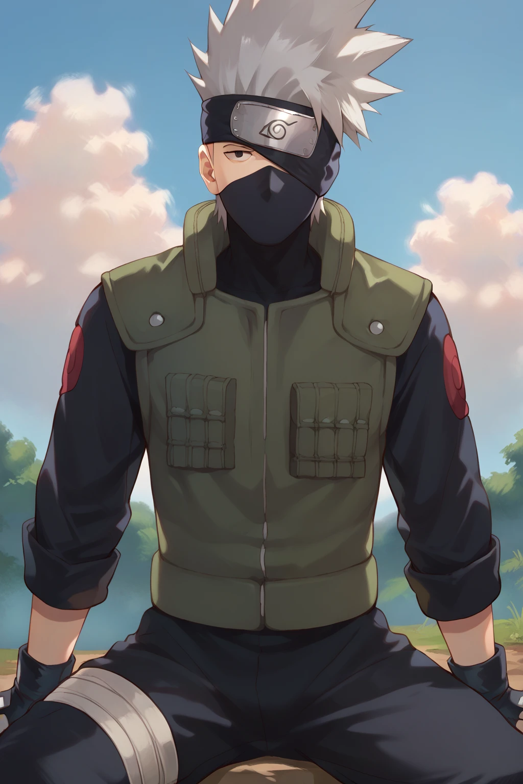 score_9, score_8_up, score_7_up, 1boy, kakashihatake, 1boy, male focus, solo, mask, sky, sitting, cloud, black eyes, forehead protector, grey hair, spiked hair, outdoors, day, mouth mask, looking at viewer, konohagakure symbol, gloves, vest, cloudy sky, one eyes covered, ninja, fingerless gloves, white hair, bandages, best quality, very aesthetic, absurdres