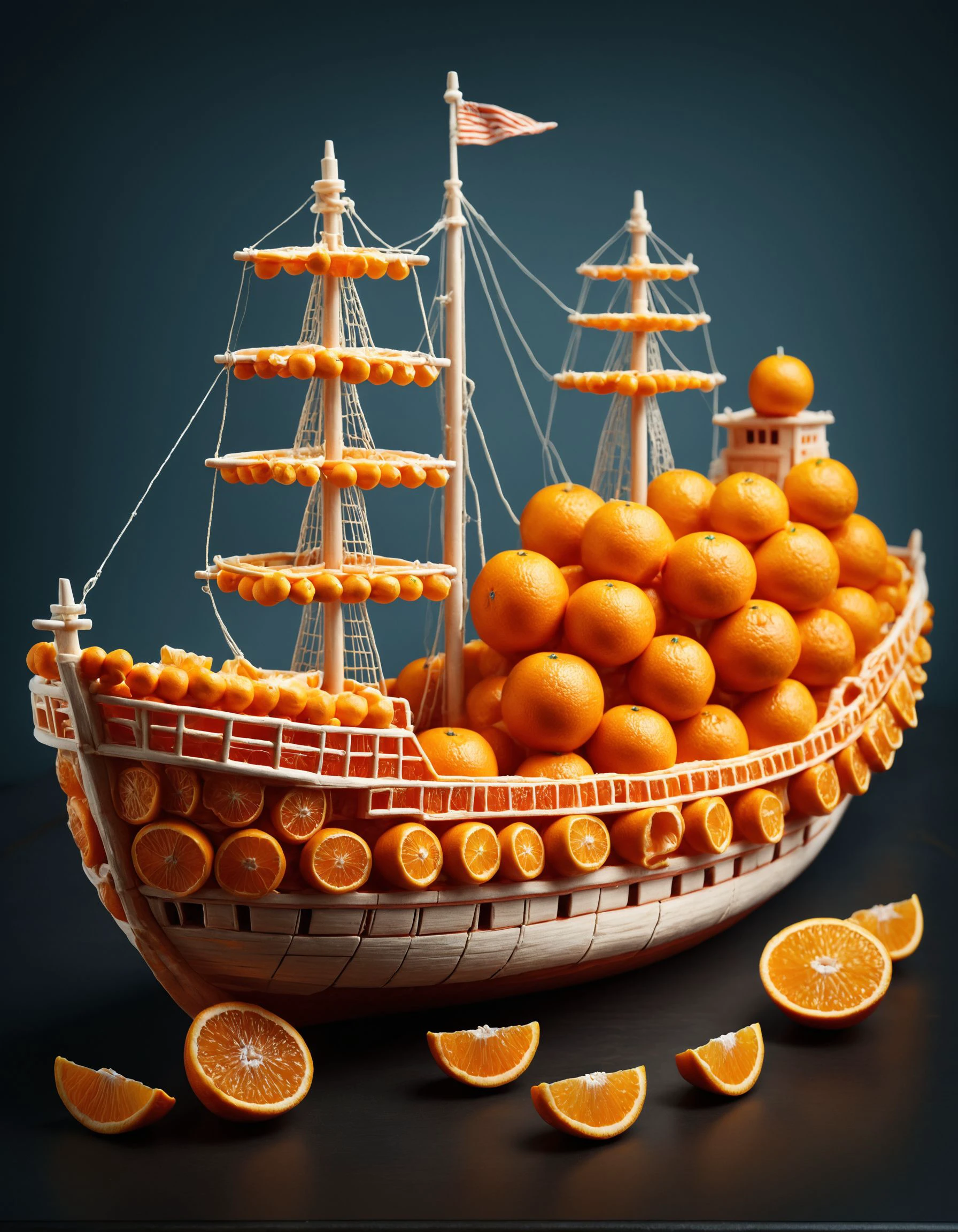 photo of a ship, made out of tangerine, oranges, tangerines
 <lora:Tangerine:1>