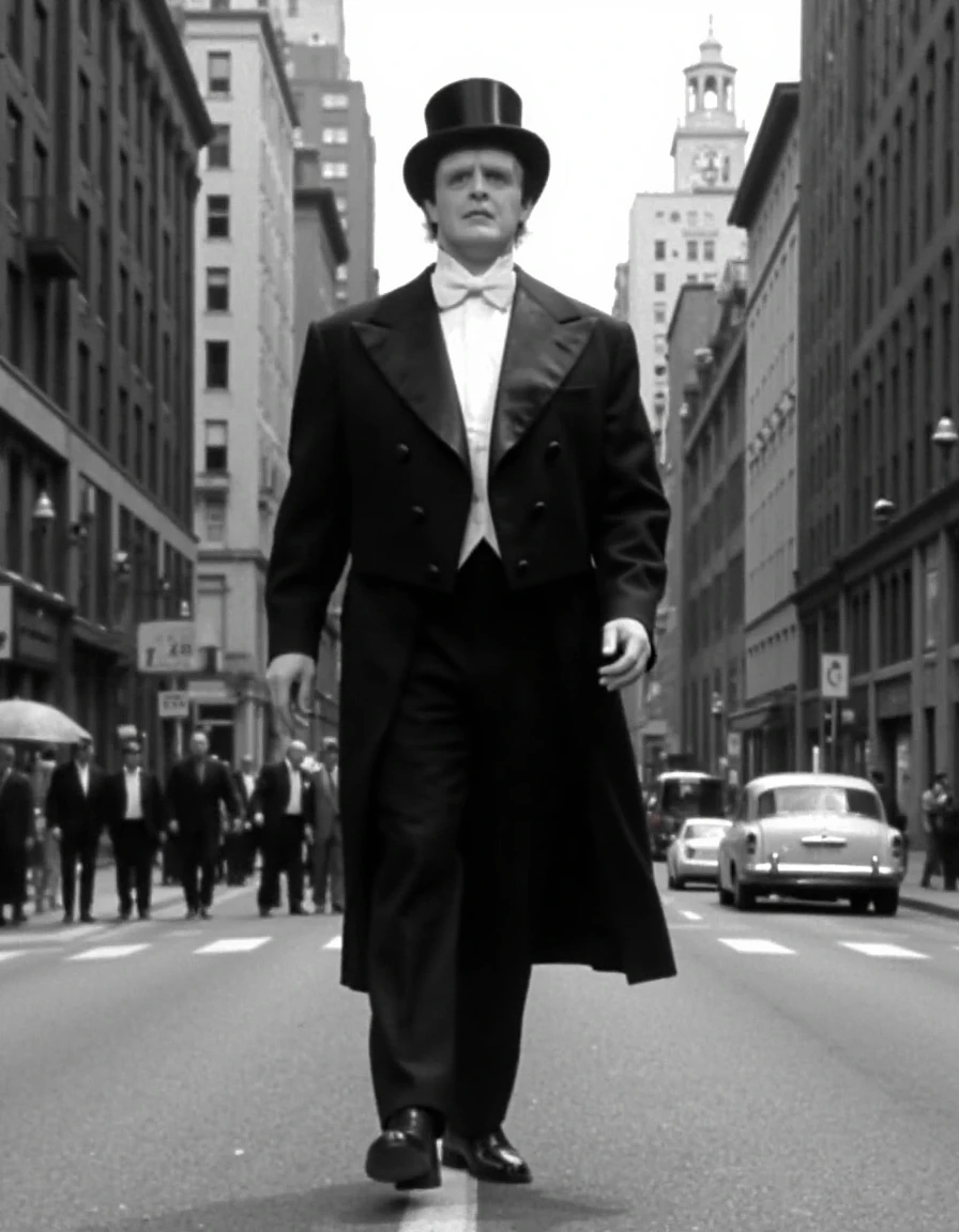 <lora:The_Monster_Flux_Young_Frankenstein:1> black and white photo, them0nster, the ritz, tuxedo, crossing a busy street in a city