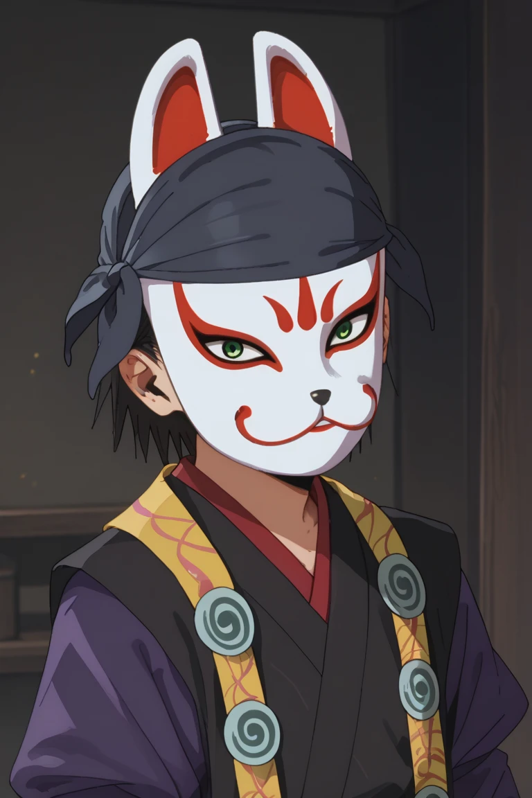 score_9, score_8_up, score_7_up, score_6_up, kazama genba, black hair, fox mask, japanese clothes, ninja, purple shirt, bandana, official style, mask, solo, 1boy, male focus, green eyes, kimono