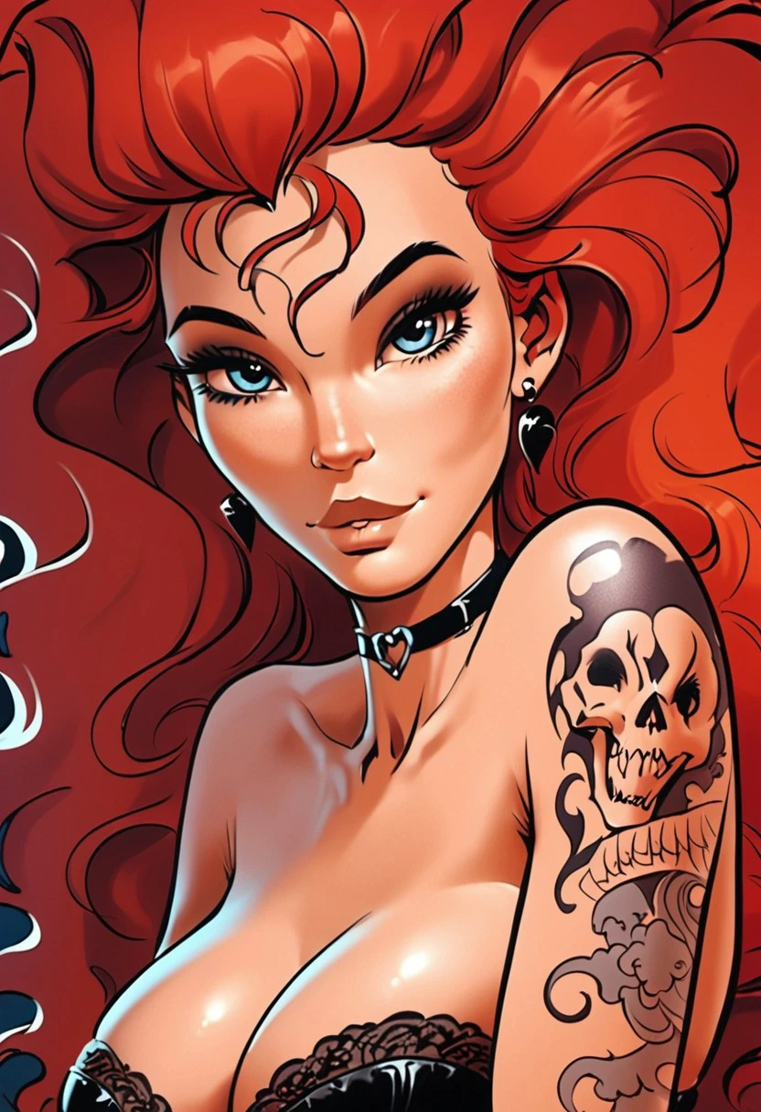 score_9, score_8_up, score_7_up, Chloe_C&C, 1girl, goth, slutty, red hair, blue eyes, big eyes, cute, beautiful, large breasts, seductive pose, looking at viewer, cleavage, tattoos,