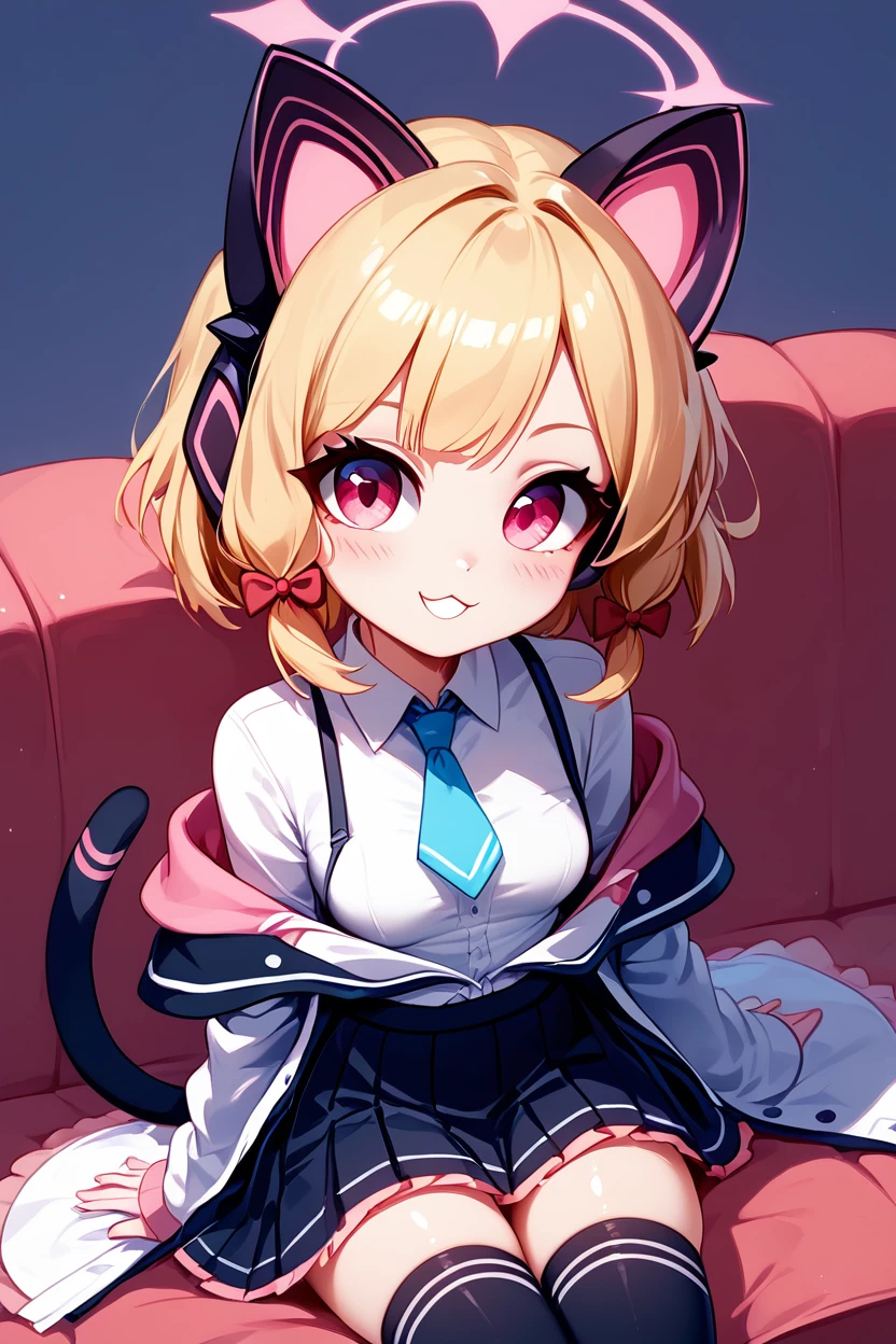 score_9, score_8_up, score_8, medium breasts, (curvy), cute, eyelashes,       BREAK, , ,,, zzMomoi, blonde hair, animal ears, fake animal ears, animal ear headphones, headphones, short hair, bow, halo, cat ear headphones, hair bow, red bow, pink eyes, pink halo, tail, cat tail, red eyes, collared shirt, long sleeves, pleated skirt,  white shirt, black skirt, blue necktie, white jacket, wide sleeves, black thighhighs, suspender skirt ,<lora:Momoi_BlueArchive_PDXL:0.8>,    ,,,, BREAK, ,,, smile, looking at viewer, blush, blurry, couch, sitting, ,,, shiny skin, <lora:ProAnime_PDXL_v1:0.7>, ,,, embedding:zPDXL, Expressiveh, <lora:SDXLFaeTastic2400:0.5>, <lora:Expressive_H-000001:0.4>,