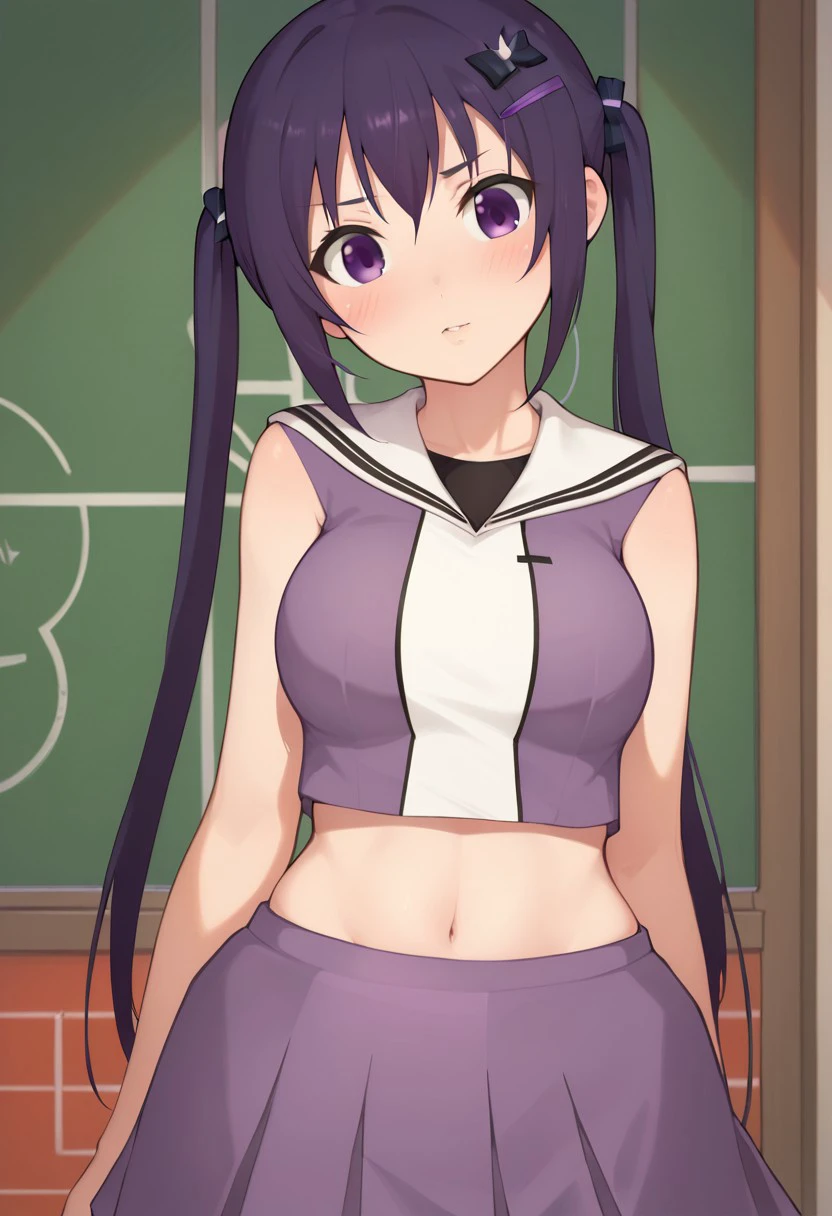 score_9, score_7_up,1girl, looking at viewer, blush, breasts,(purple hair, purple eyes, twintails, hair ornament, rabbit hair ornament, cheerleader, skirt, miniskirt, midriff), looking at viewer, solo, highres, zPDXL3, detailed face, head tilt, tilted head, short, short girl, ((front view)), standing, confident