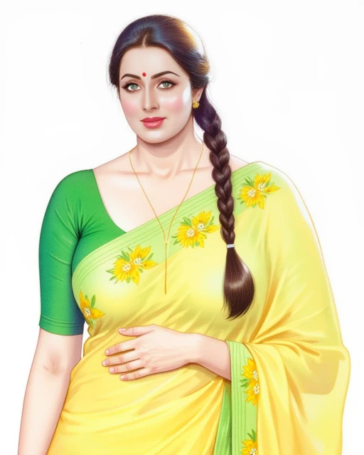 a high-quality water color painting by artist Manimala of a beautiful Indian woman Reagan Foxx with fair skin and long dark hair in a single braid, wearing a yellow saree with green blouse. The saree has yellow and green floral patterns. She is holding bust and making a sexy facial expression with her pouty lips like penthouse. The lighting is soft and natural, highlighting her serene expression and gentle smile. The aesthetic quality is very high. This not a photograph. it's not realistic.