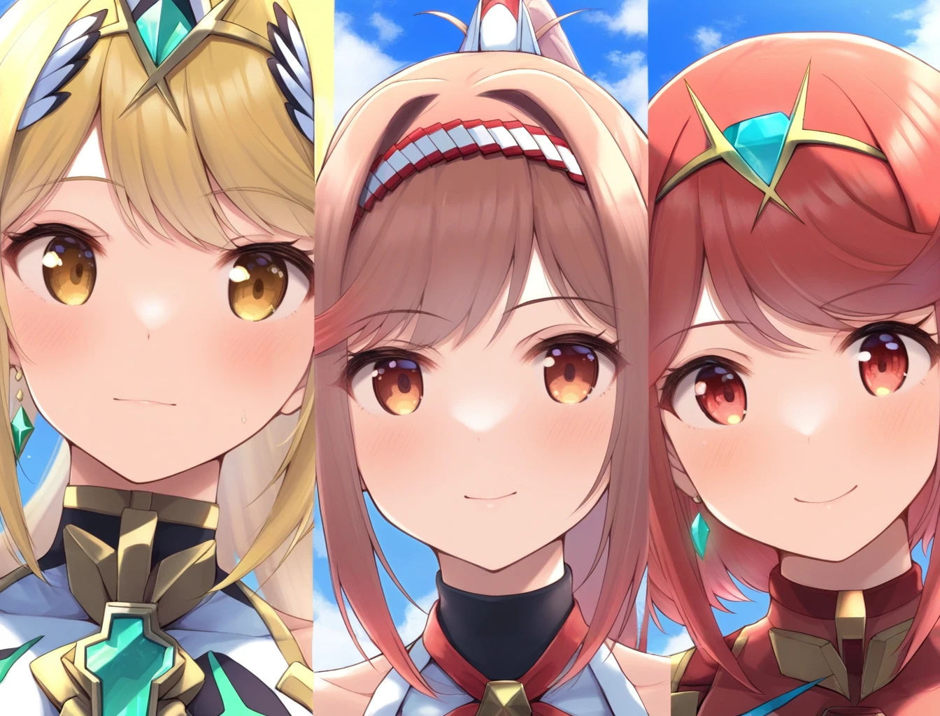 masterpiece, best quality, good quality, 3girls, portrait, chest jewel, ponytail hairband, brown eyes kitharode glimmer, default pyra, melee mythra, blue sky, clouds<lora:aegis illustrious 011:1>