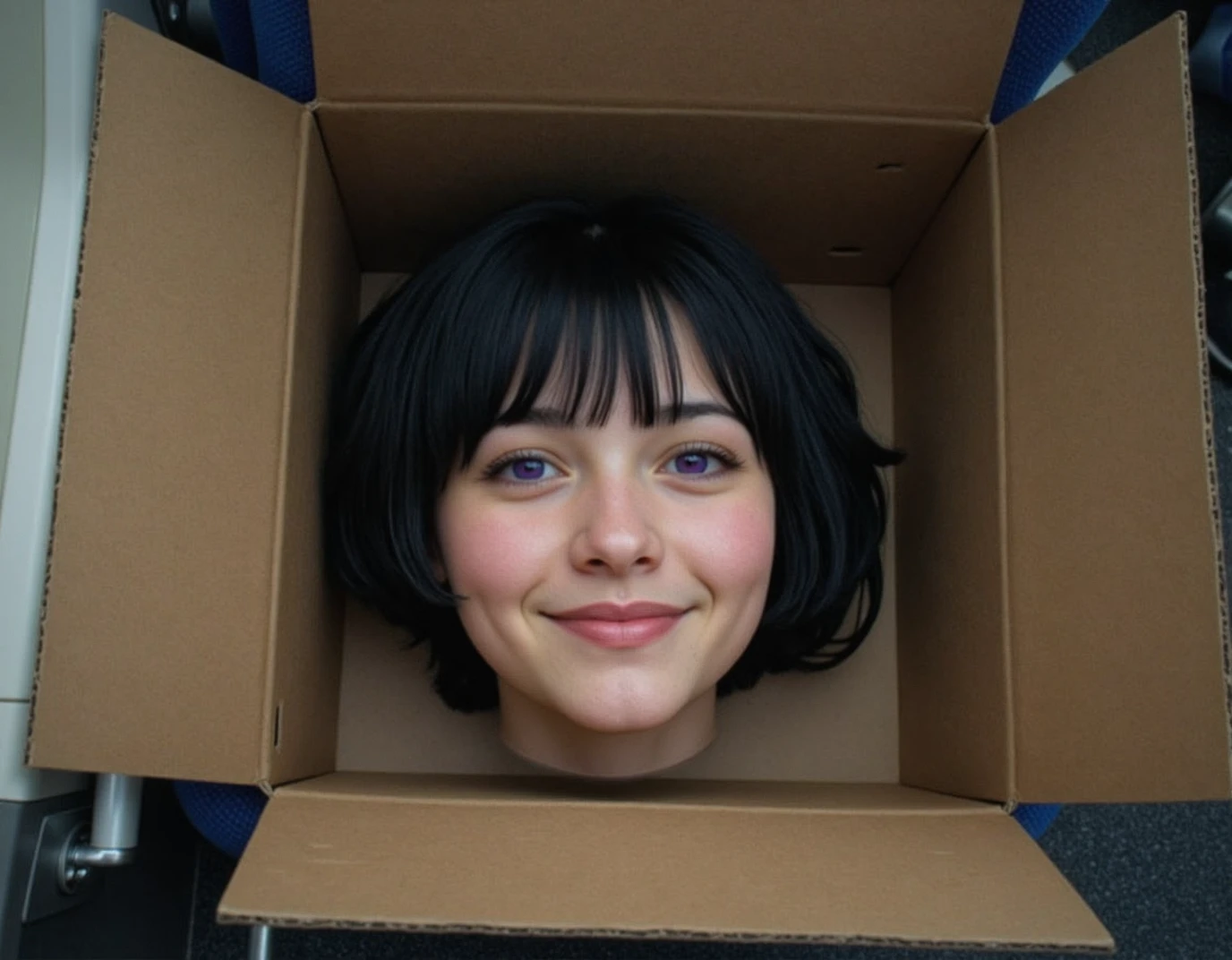 a <lora:real-lora:1> ultrarealistic view from slightly above   of   <lora:headonly-flux:1> h3adonly, The disembodied  head of a  20 year old  woman looking out from inside a cardboard box, sitting on the seat of a train. She is lying on her back and smiling at the viewer. she has short black hair and purple eyes