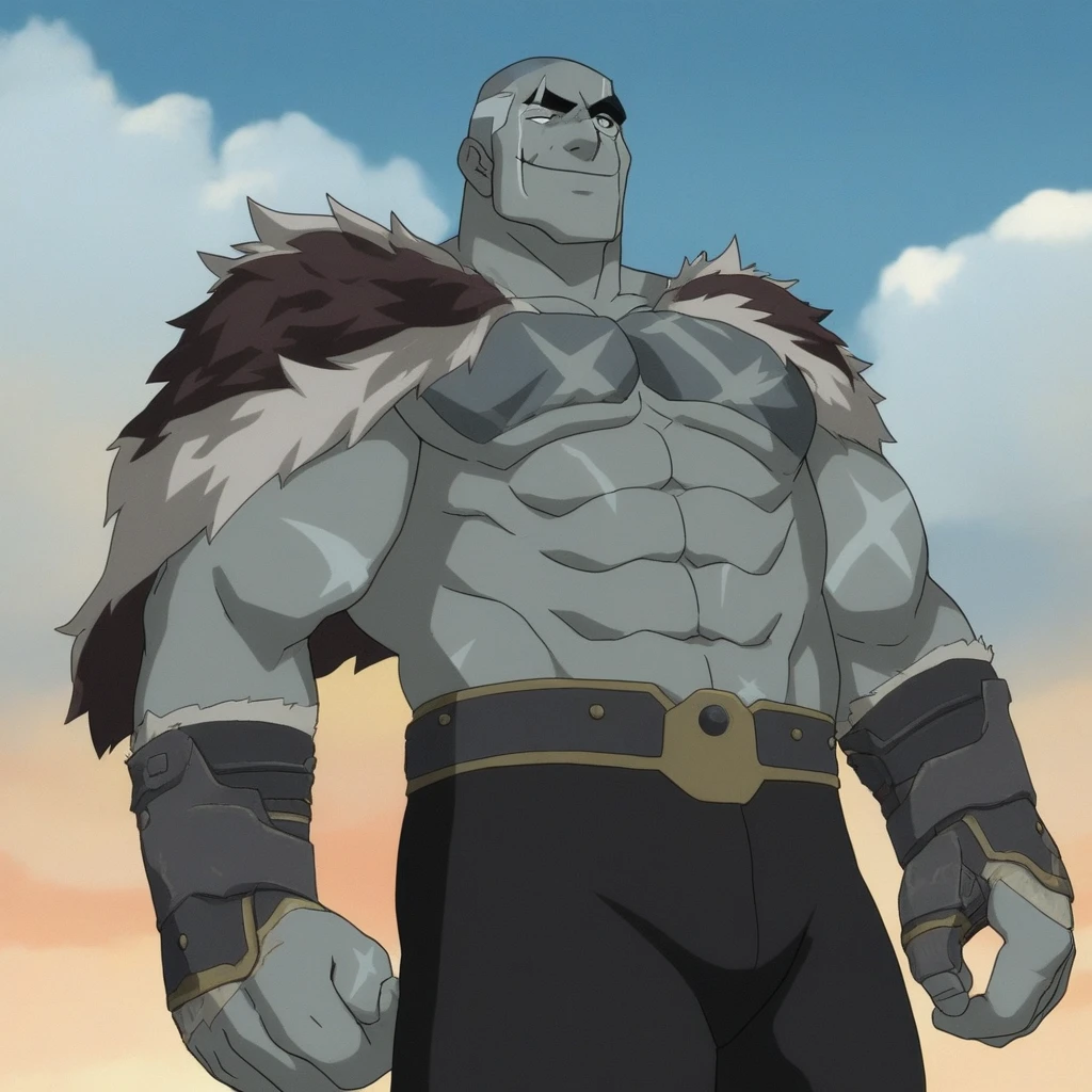 sky, muscular male, cloud, upper body, closed mouth, pants, scar on face, smile