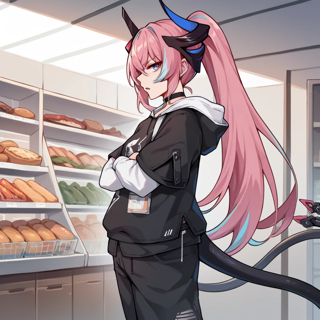 score_9_up, score_8_up, score_7_up, 1girl, solo, supermarket, ceiling light, walking, looking at you, from side, side profile, annoyed, open mouth, crossed arms, Delta, Aug_Merch, blue eyes, ponytail, long hair, pink hair, streaked hair, blue hair, mechanical tail, black hoodie, hoodie, white shirt, black choker, short sleeves, black sleeves, long sleeves, white sleeves, black pants, shoulder bag, layered sleeves, black horns, horns, streaked hair, blue hair, hood down, mature body, dynamic cowboy shot,