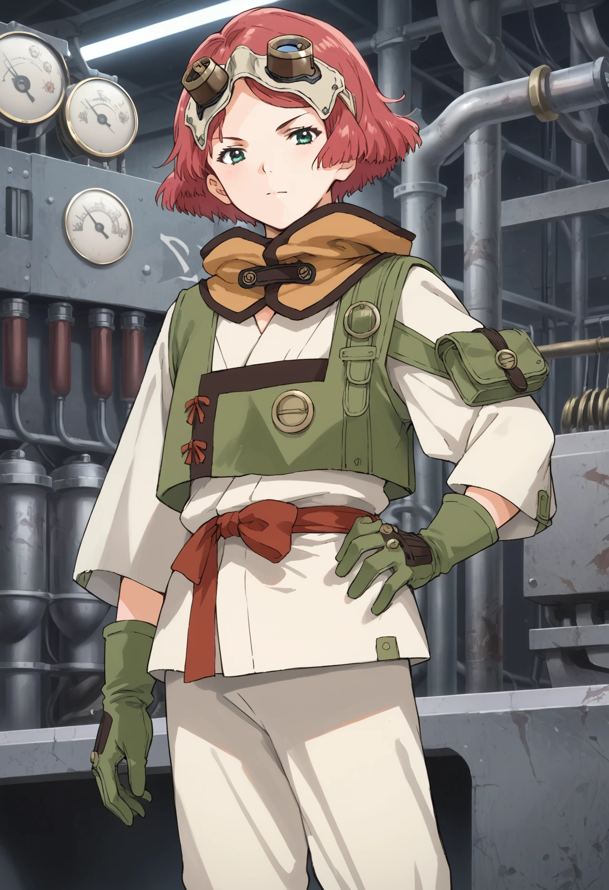 score_9, score_8_up, score_7_up, , source_anime,yukinakabaneri, 1girl, solo, green eyes, short hair, goggles on head, red hair, hand on hip, hood down, green gloves, s, green vest, standing, closed mouth,karate gi, long sleeves, red belt<lora:yukinakabaneri_pony4:1> cowboy shot,  standing, steampunk, looking at viewer,  hand up, indoors,